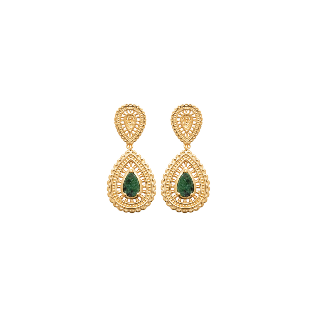 burren jewellery 18k gold plated intricate weave, green stone earrings