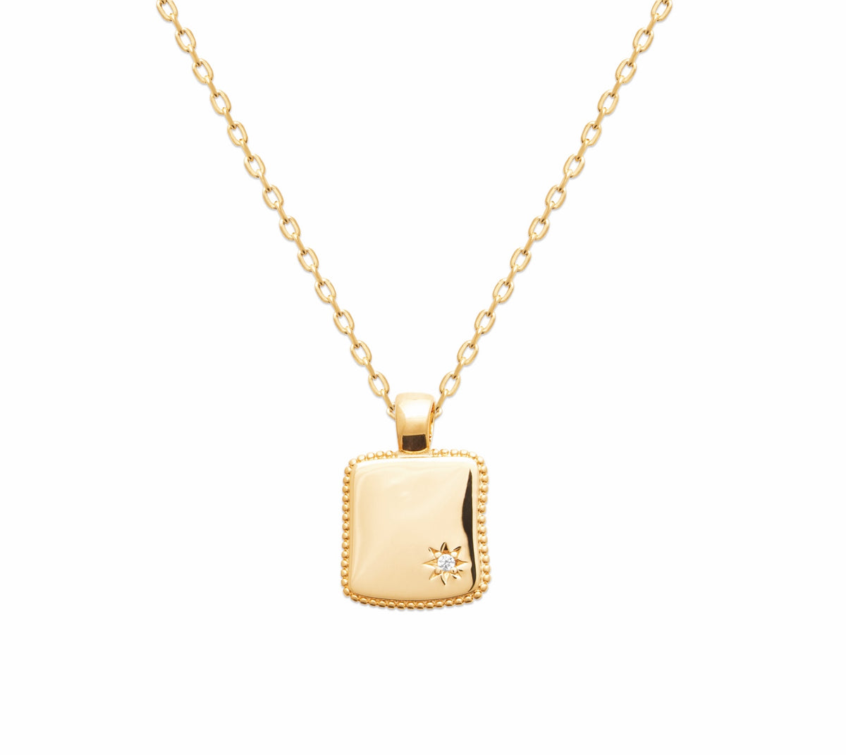 burren jewellery 18k gold plated square disk pendant with cz stone star detail