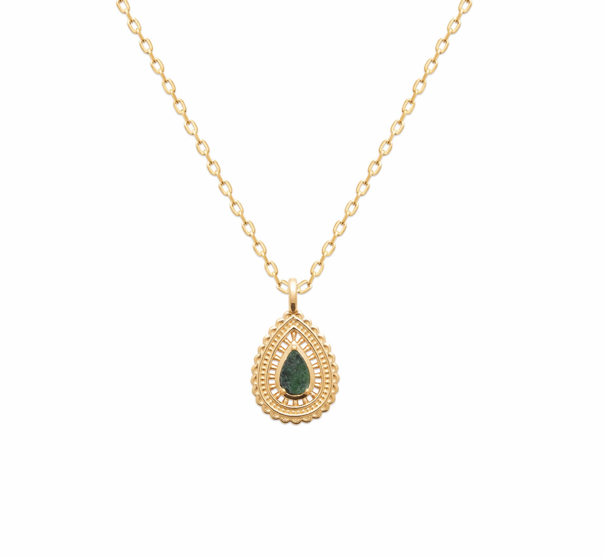 burren jewellery 18k gold plated intricate weave, green stone pendant