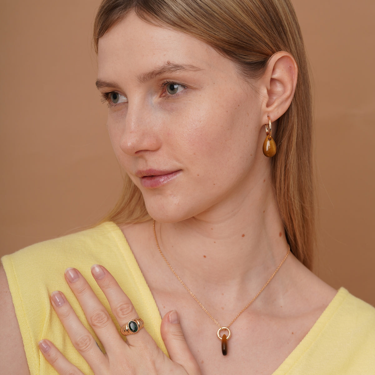 burren jewellery 18k gold plated necklace with tigers eye natural stone teardrop-shaped drop pendant