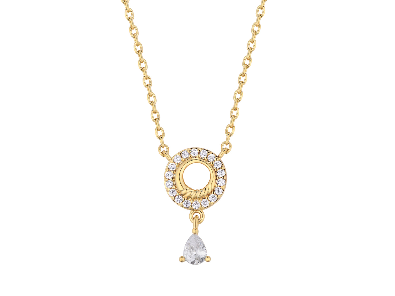 Arctic Edge gold plated necklace, open pavé circle pendant with a pear-cut cz stone drop