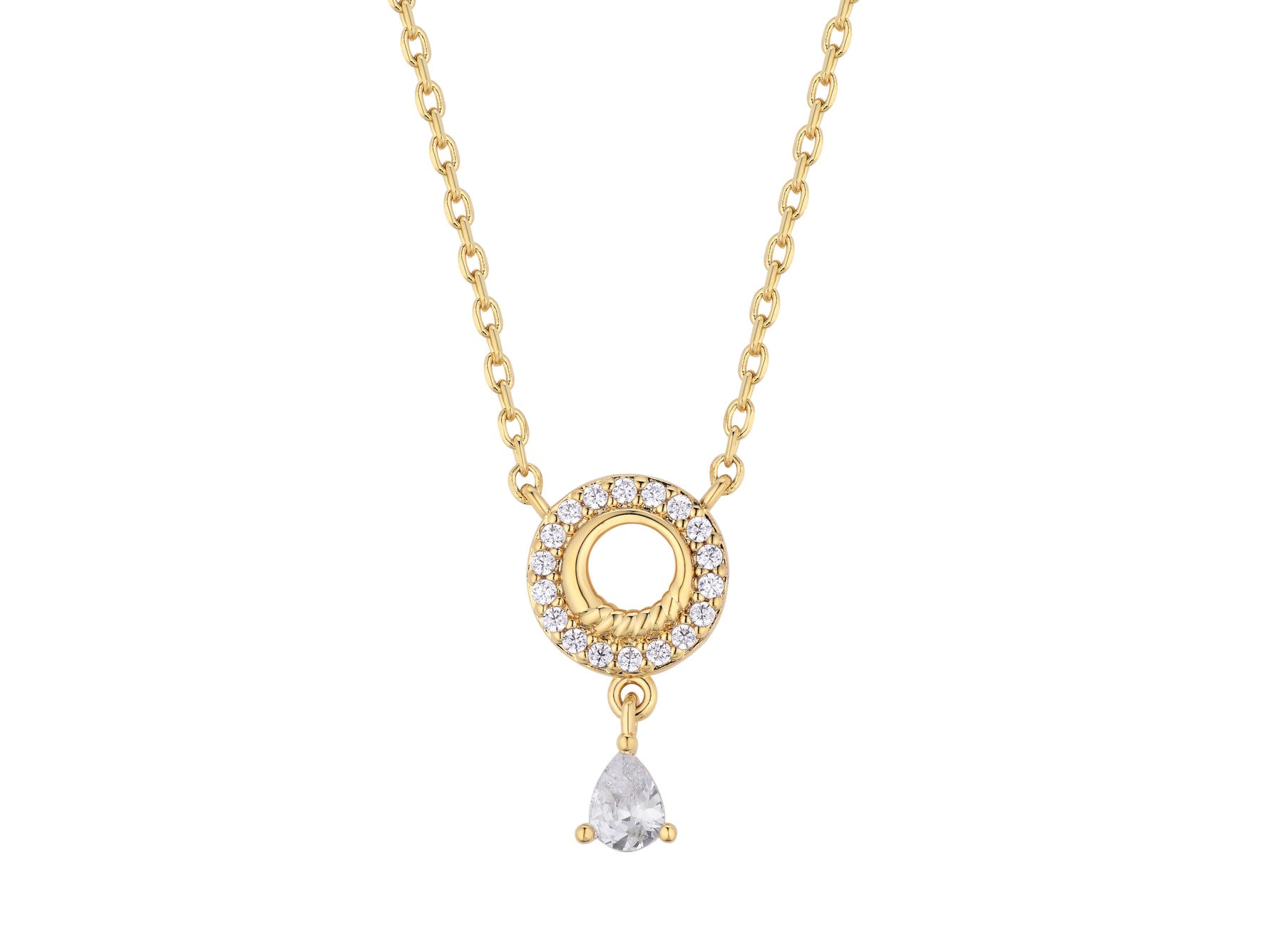 Arctic Edge gold plated necklace, open pavé circle pendant with a pear-cut cz stone drop