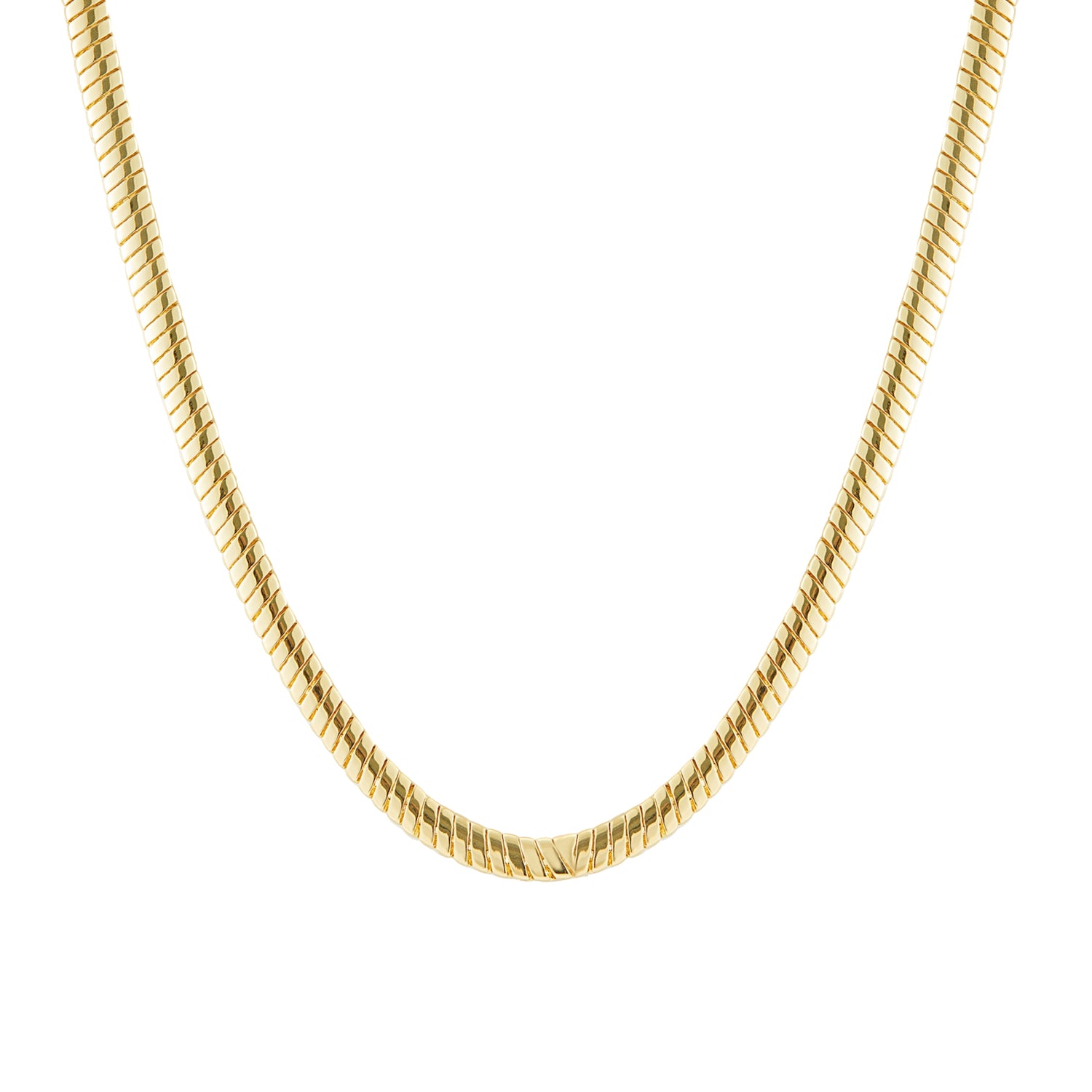 A close-up of a polished 18k gold plated snake chain necklace