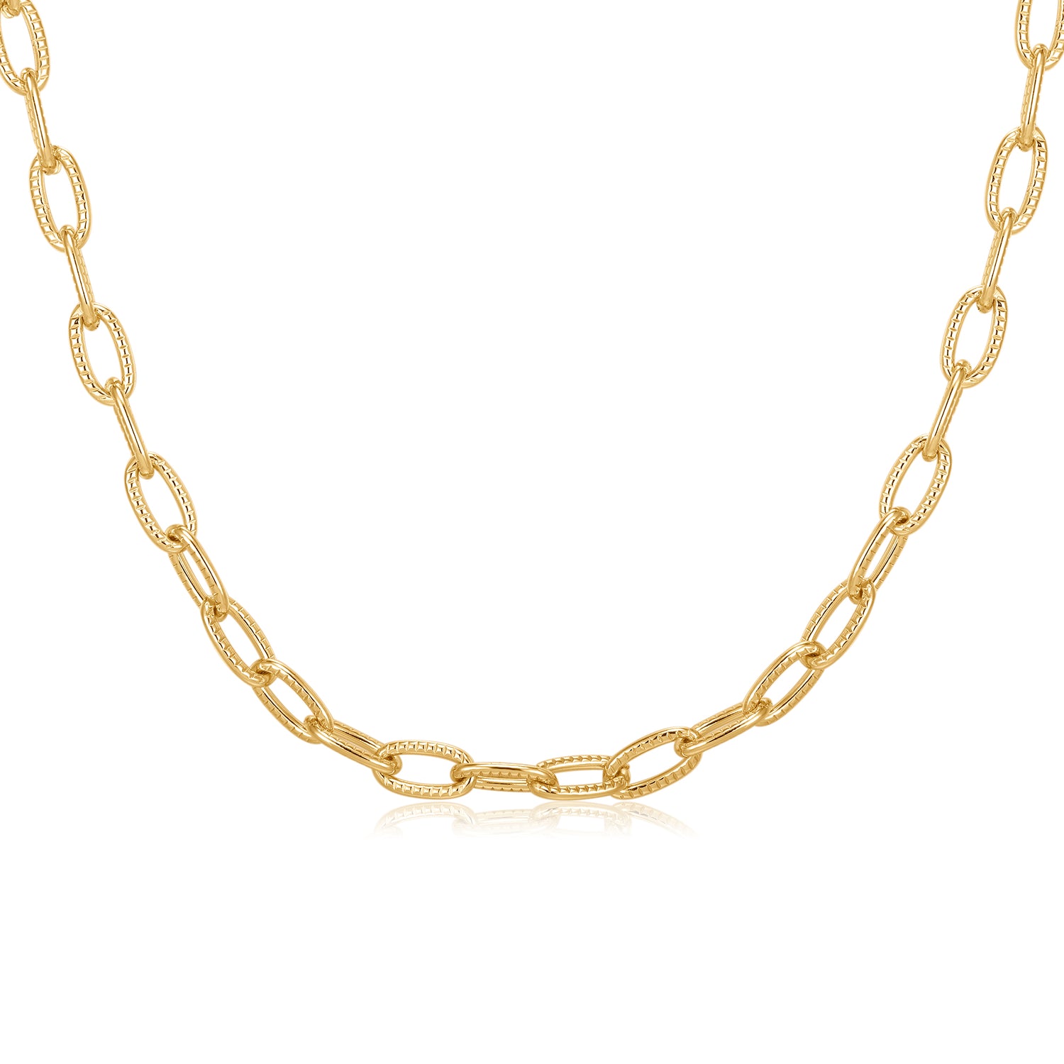 A champagne gold colour paperclip chain necklace with alternating polished and textured oval links, displayed on a clean white background.