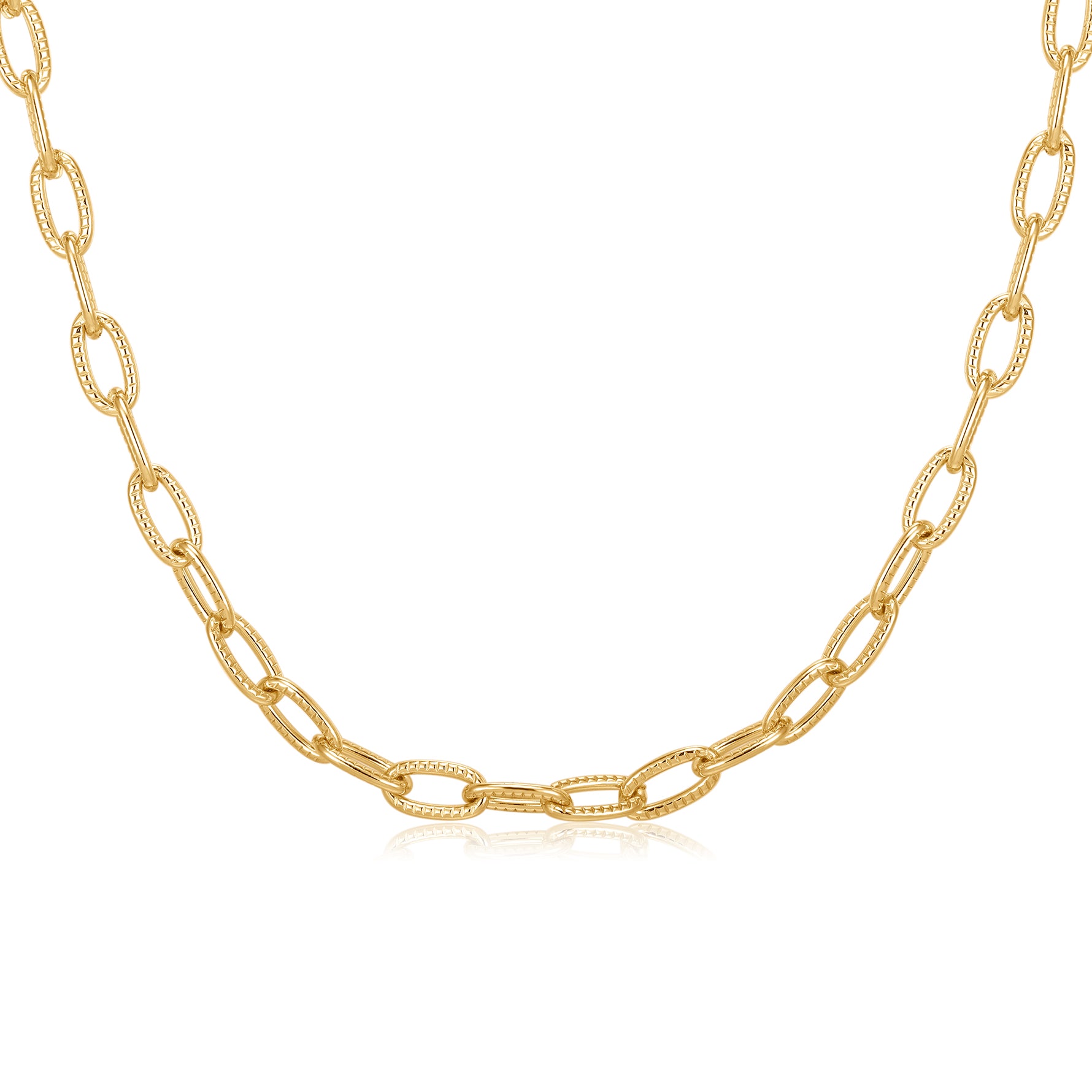 A champagne gold colour paperclip chain necklace with alternating polished and textured oval links, displayed on a clean white background.