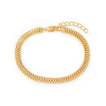 A gold-tone chain link bracelet with a curb-style pattern, a lobster clasp, and an extender chain, shown on a plain white background.