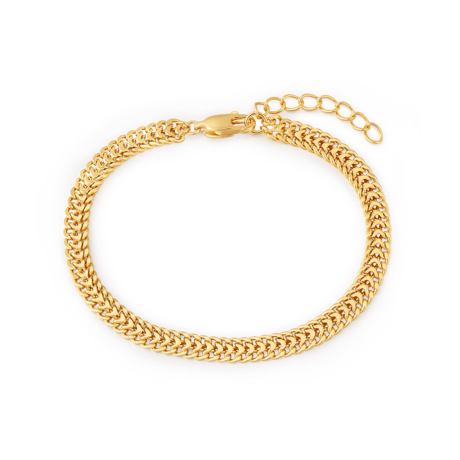 A gold-tone chain link bracelet with a curb-style pattern, a lobster clasp, and an extender chain, shown on a plain white background.