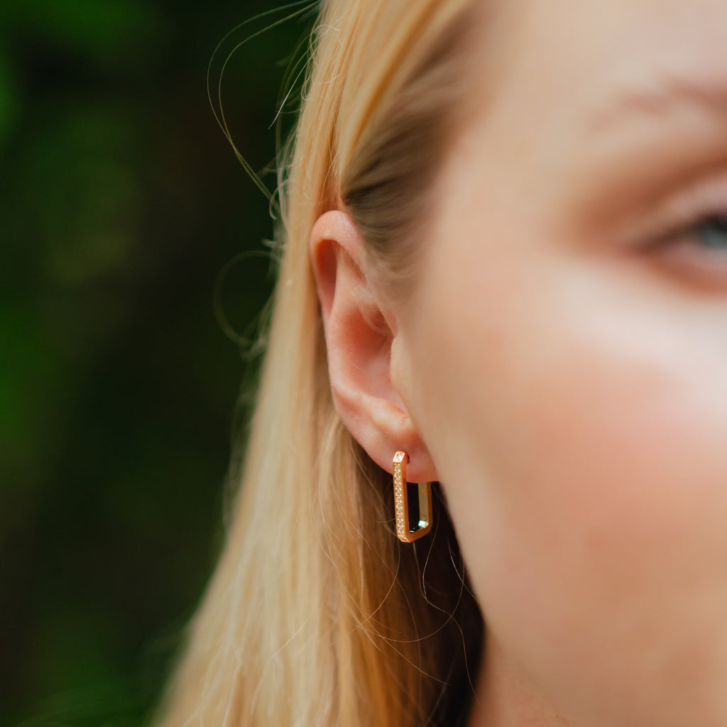 Burren Jewellery 18k gold plate void in my heart square hoop earrings model