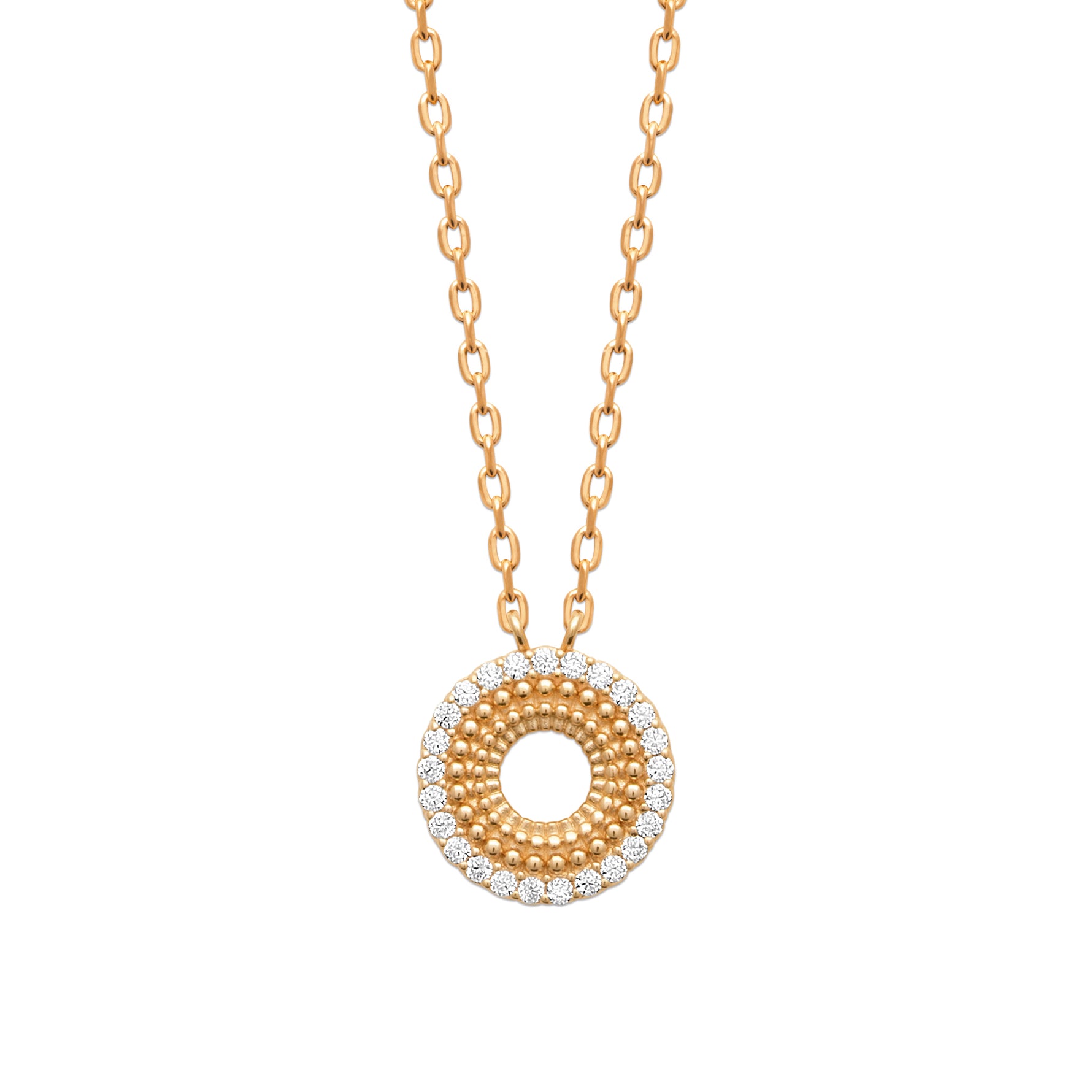 burren jewellery circular necklace with a outer ring of cz stone detailing 