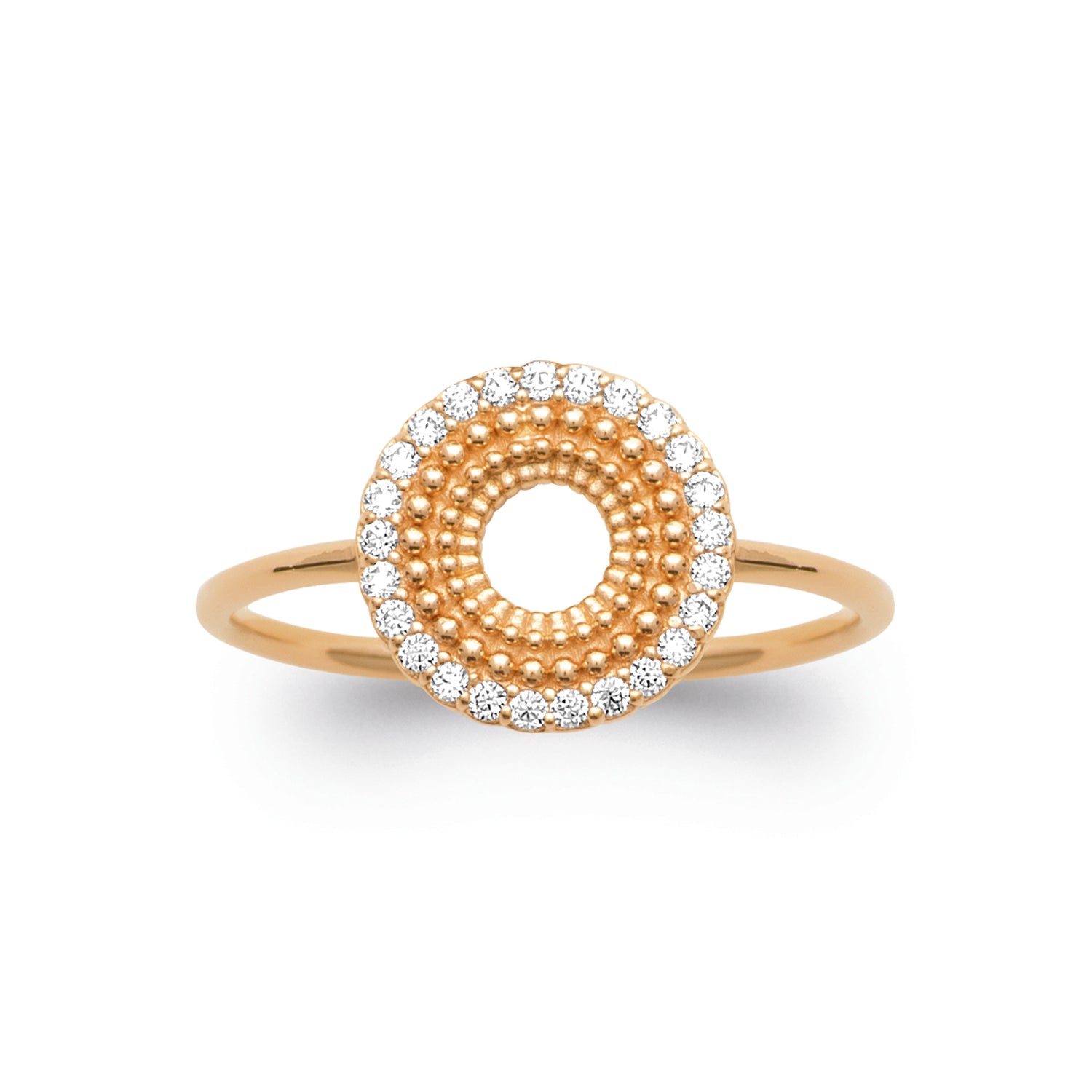 burren jewellery circular ring with a outer ring of cz stone detailing 