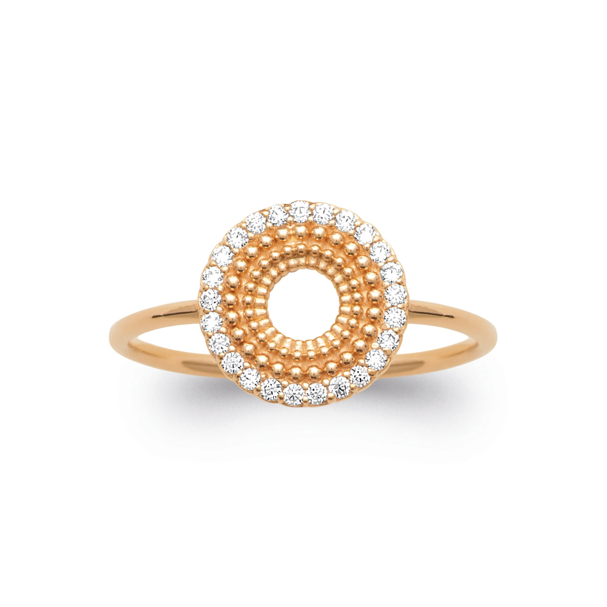 burren jewellery circular ring with a outer ring of cz stone detailing 