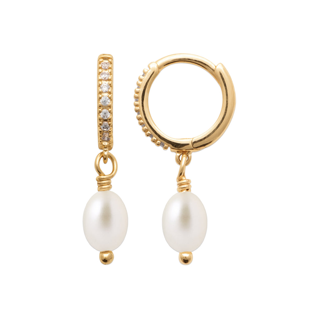 Burren Jewellery 18k gold plated love is a dangerous thing pearl huggie earrings alt