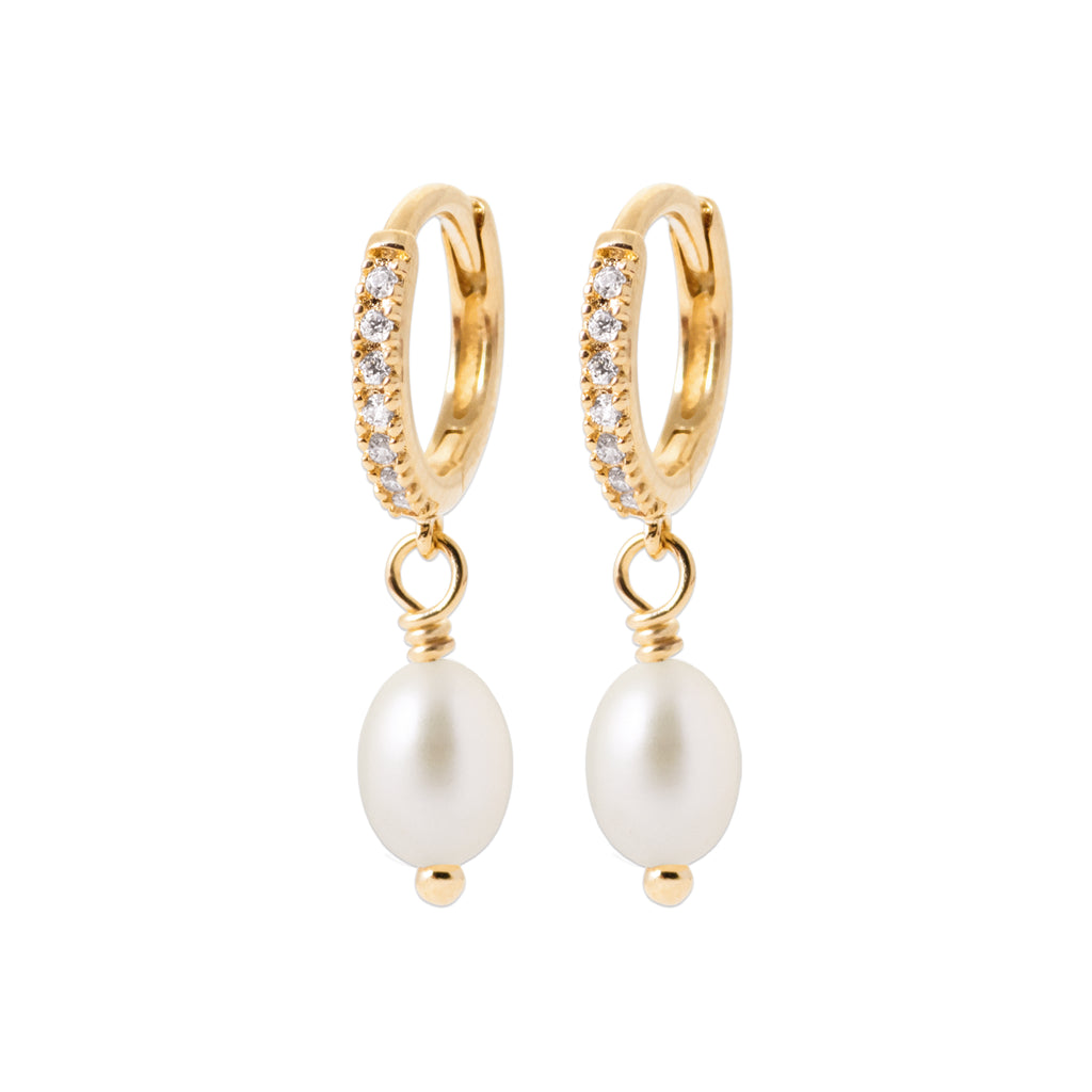 Burren Jewellery 18k gold plated love is a dangerous thing pearl huggie earrings