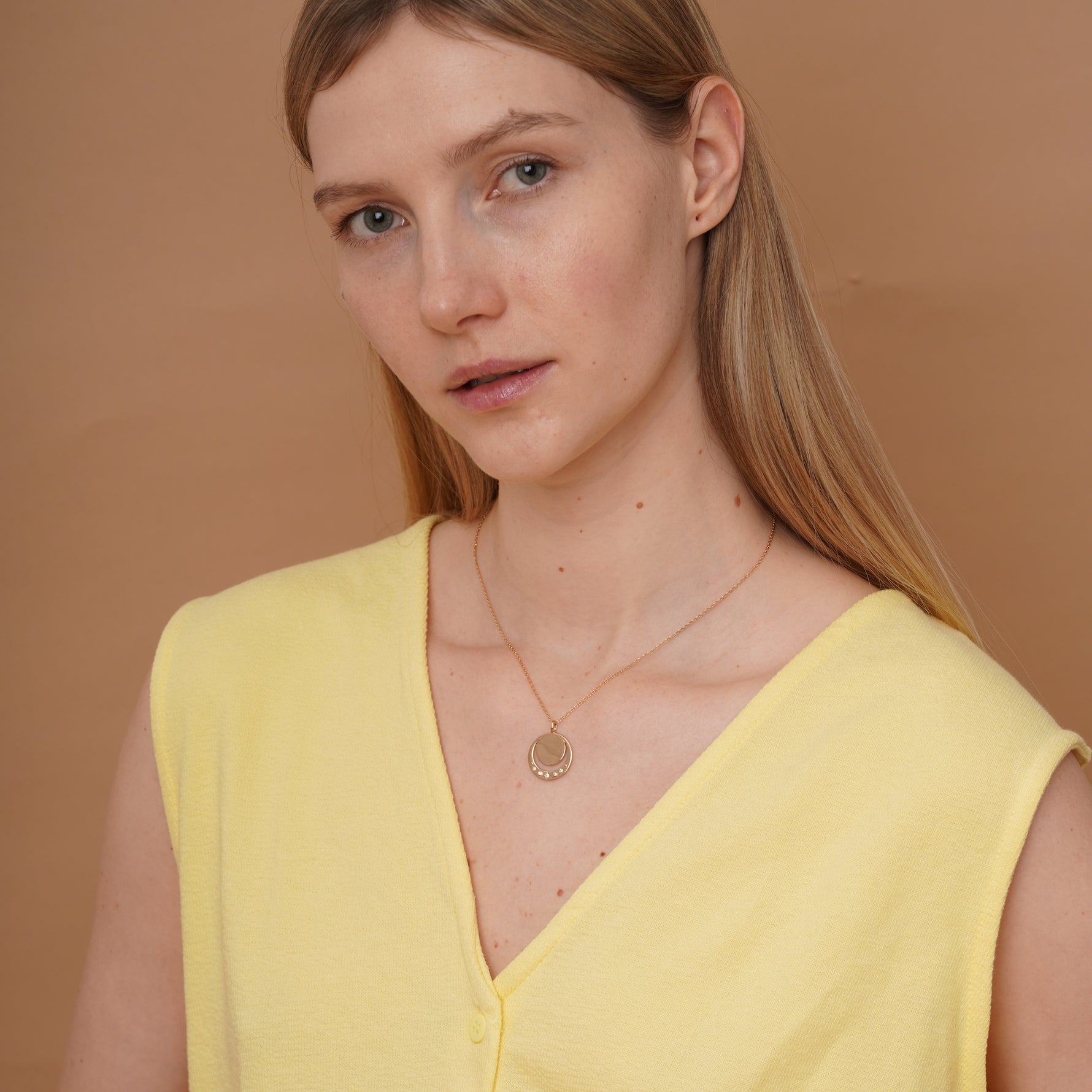 burren jewellery 18k gold plated moon inspired disk pendant 
