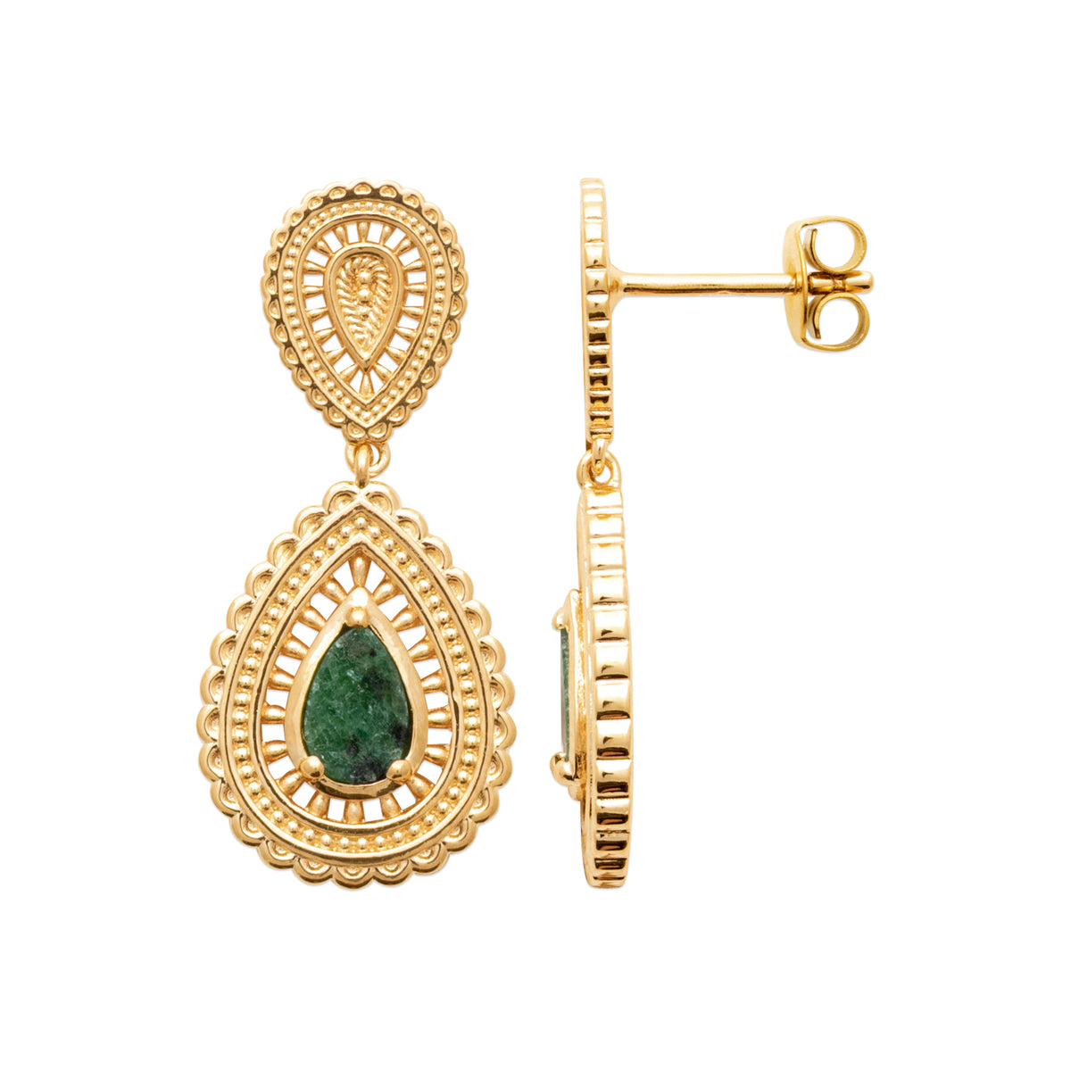 burren jewellery 18k gold plated intricate weave, green stone earrings 