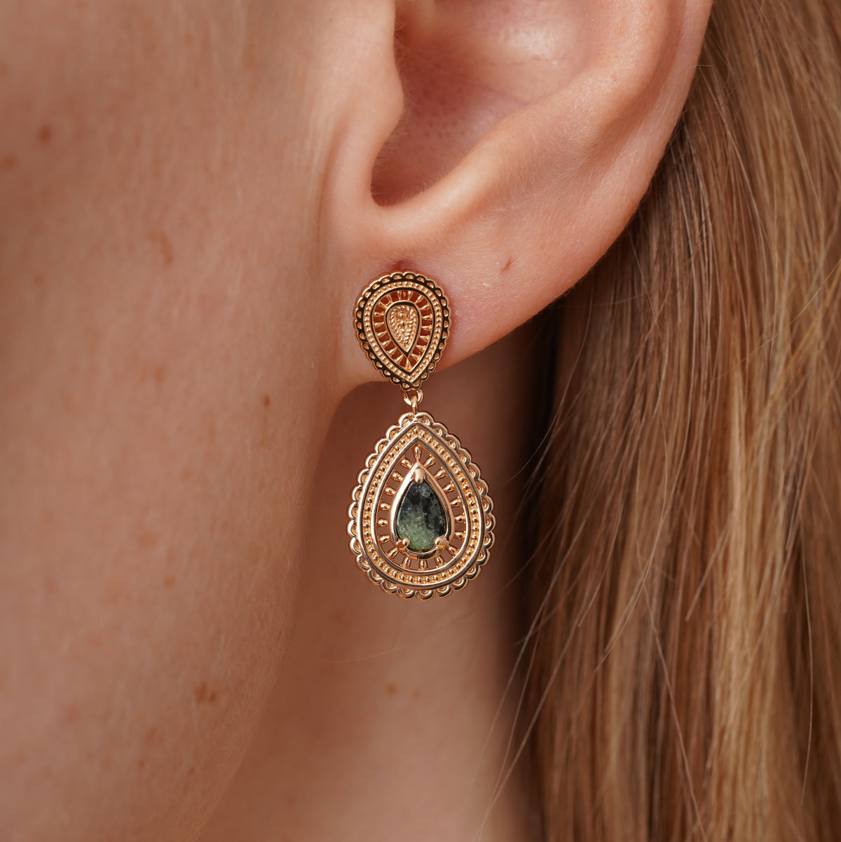 burren jewellery 18k gold plated intricate weave, green stone earrings 