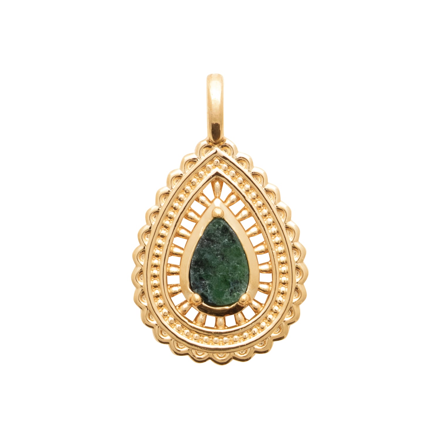 burren jewellery 18k gold plated intricate weave, green stone pendant 