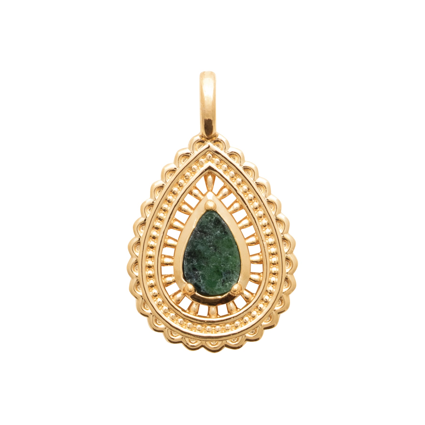 burren jewellery 18k gold plated intricate weave, green stone pendant 