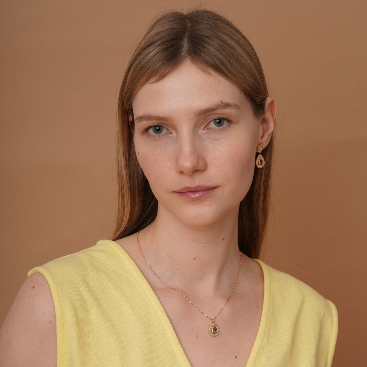 burren jewellery 18k gold plated intricate weave, green stone earrings 