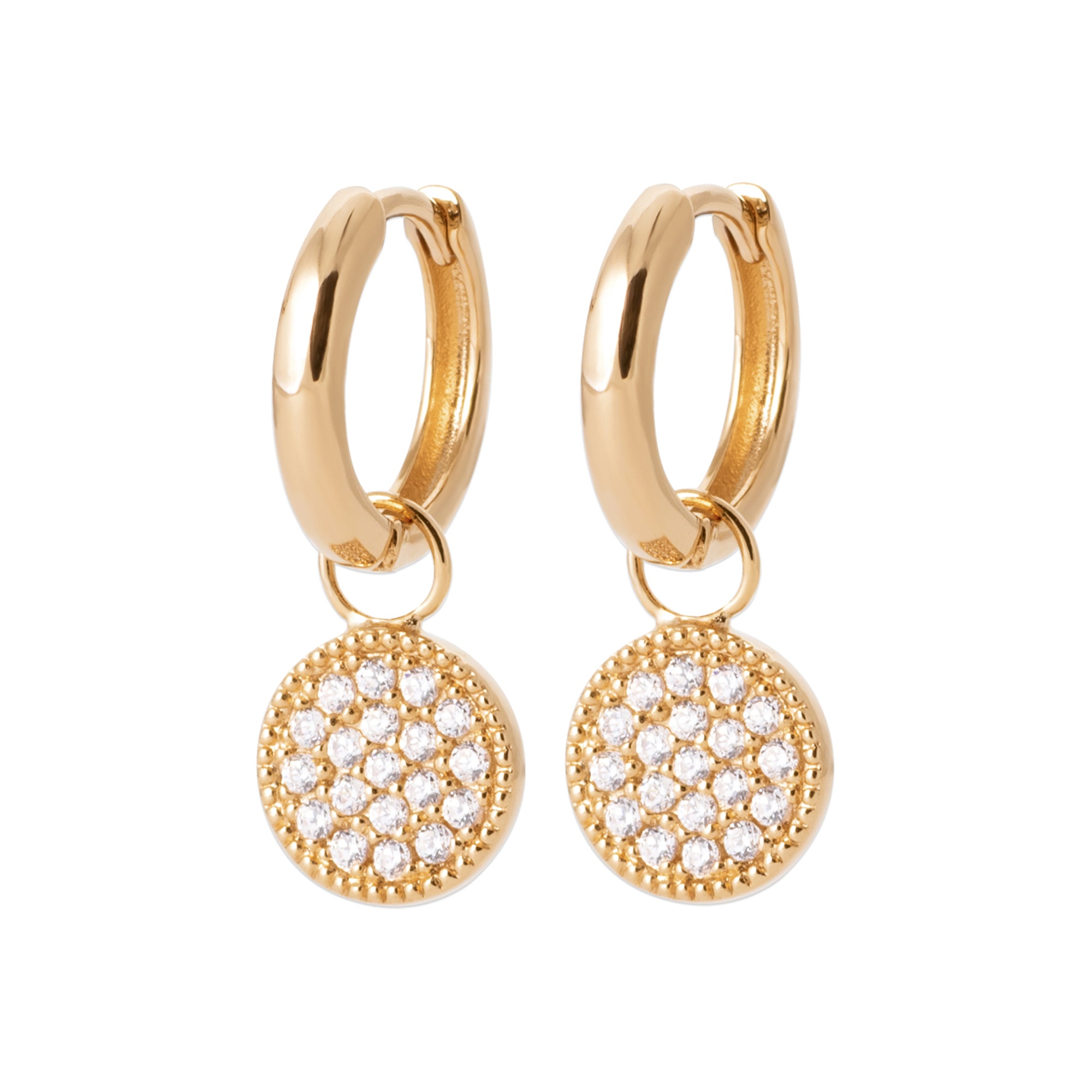 Burren Jewellery 18k gold plated pav ehh huggie earrings front