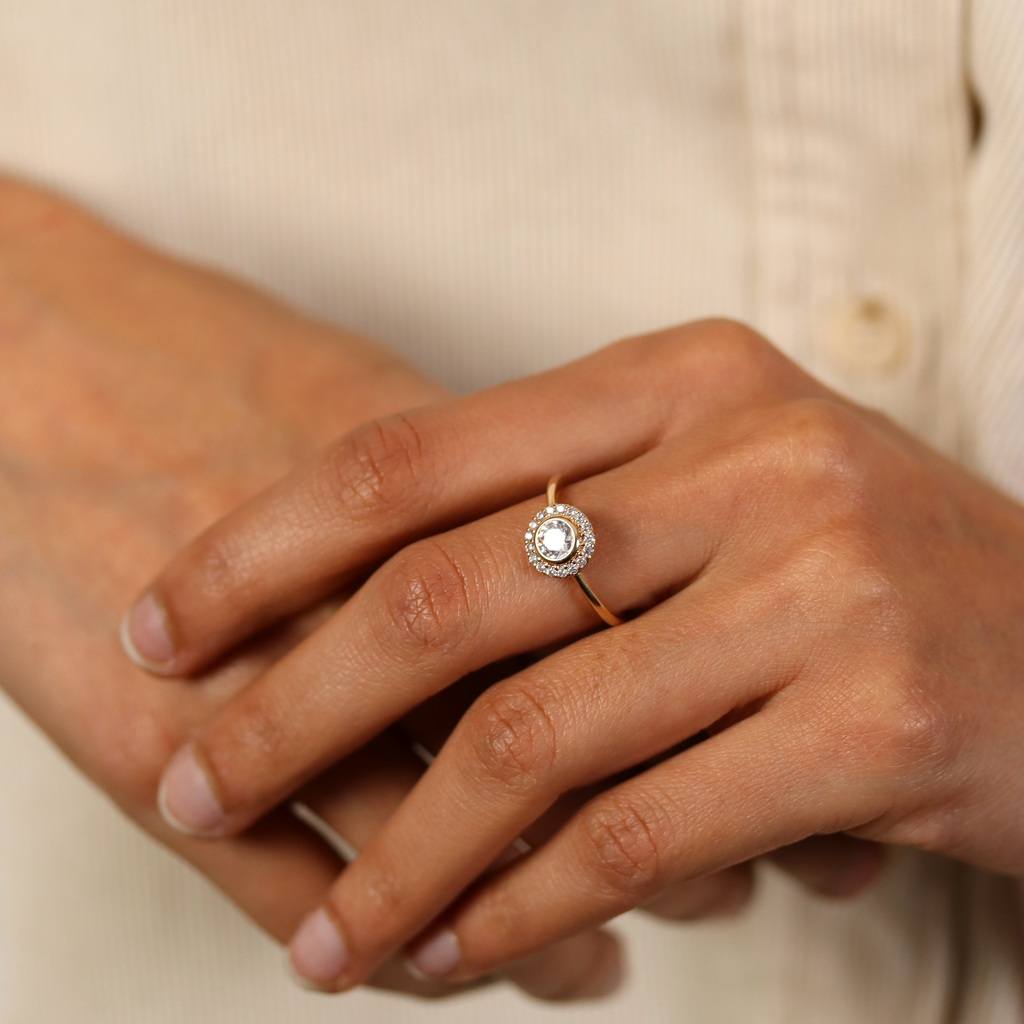 Burren Jewellery 18K gold plated ‘Rising Sun’ ring set with Cubic Zirconia in a cluster style