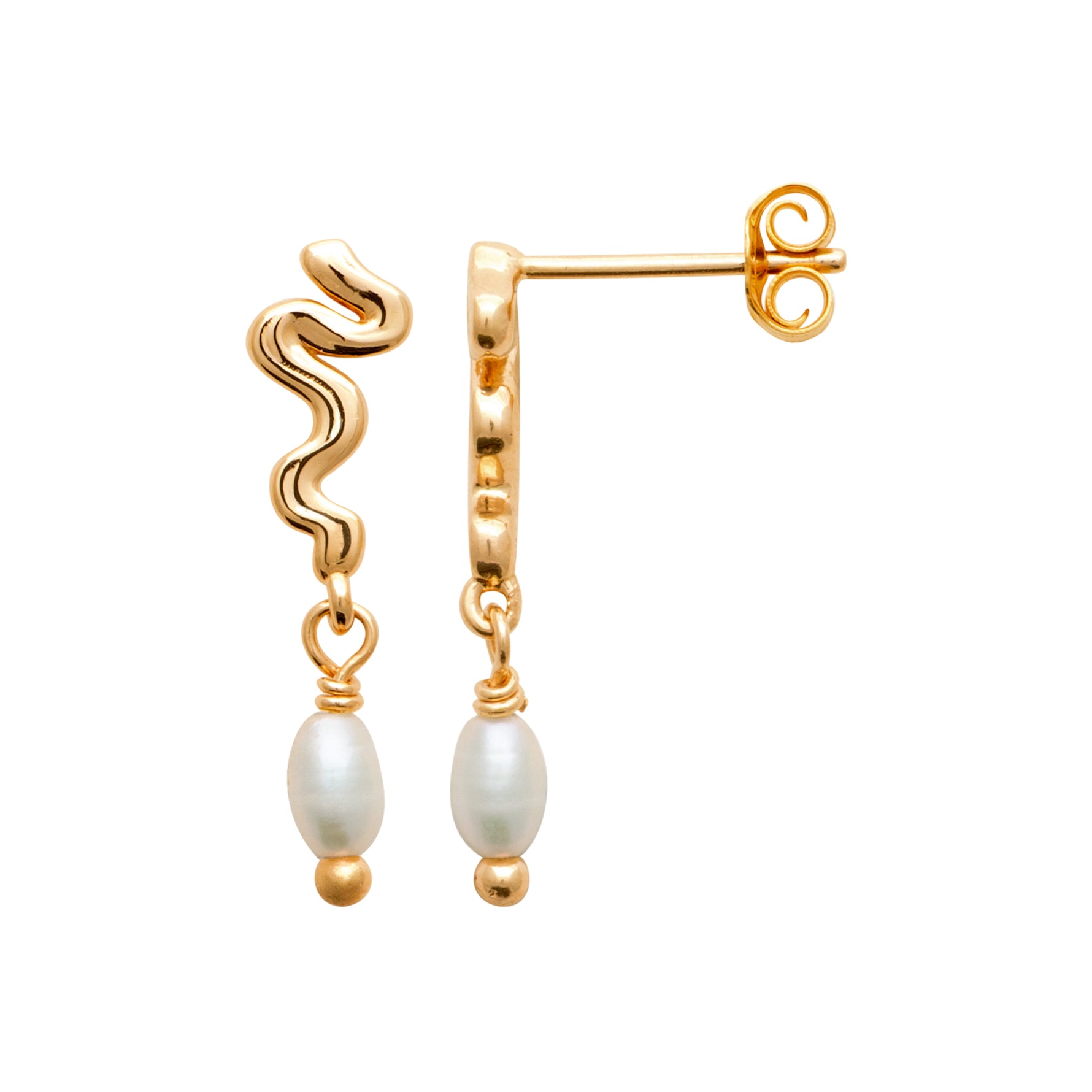 burren jewellery 18k gold plated earrings with wavy design and pearl beads 