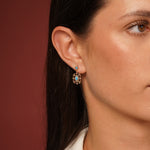 Model wearing Desert Bloom Earrings in 18K Gold Plating Featuring Turquoise-Coloured Oval Centre Stones with Multicolour Cubic Zirconia in an Intricate Openwork Drop Design | Burren Jewellery