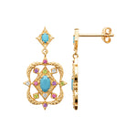 Desert Bloom Earrings in 18K Gold Plating Featuring Turquoise-Coloured Oval Centre Stones with Multicolour Cubic Zirconia in an Intricate Openwork Drop Design | Burren Jewellery
