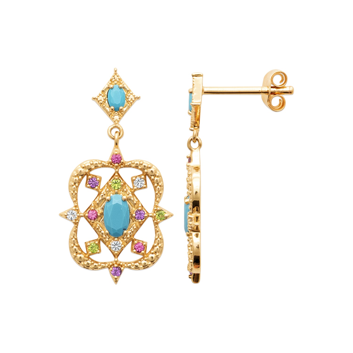 Desert Bloom Earrings in 18K Gold Plating Featuring Turquoise-Coloured Oval Centre Stones with Multicolour Cubic Zirconia in an Intricate Openwork Drop Design | Burren Jewellery