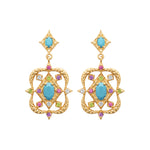 Desert Bloom Earrings in 18K Gold Plating Featuring Turquoise-Coloured Oval Centre Stones with Multicolour Cubic Zirconia in an Intricate Openwork Drop Design | Burren Jewellery
