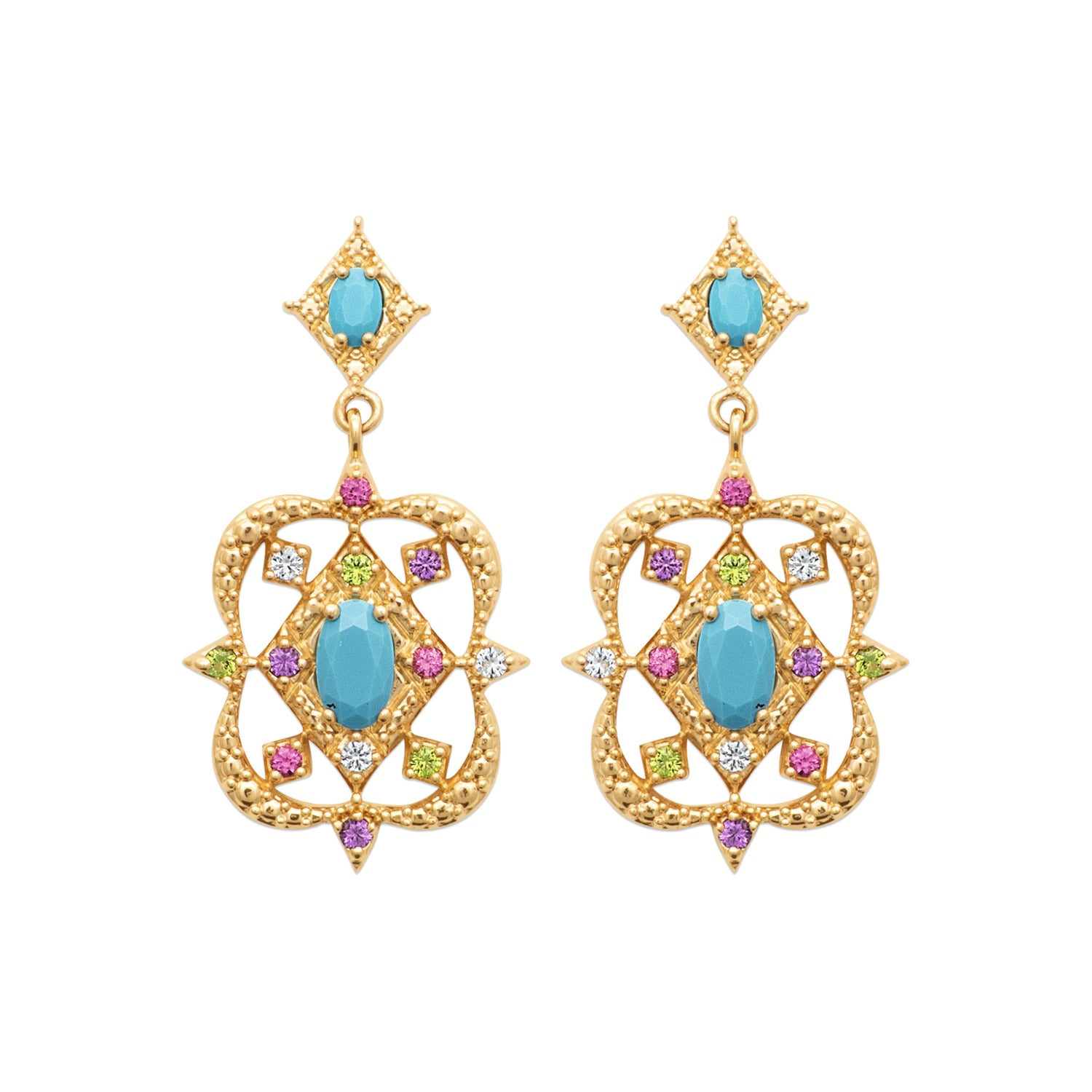 Desert Bloom Earrings in 18K Gold Plating Featuring Turquoise-Coloured Oval Centre Stones with Multicolour Cubic Zirconia in an Intricate Openwork Drop Design | Burren Jewellery