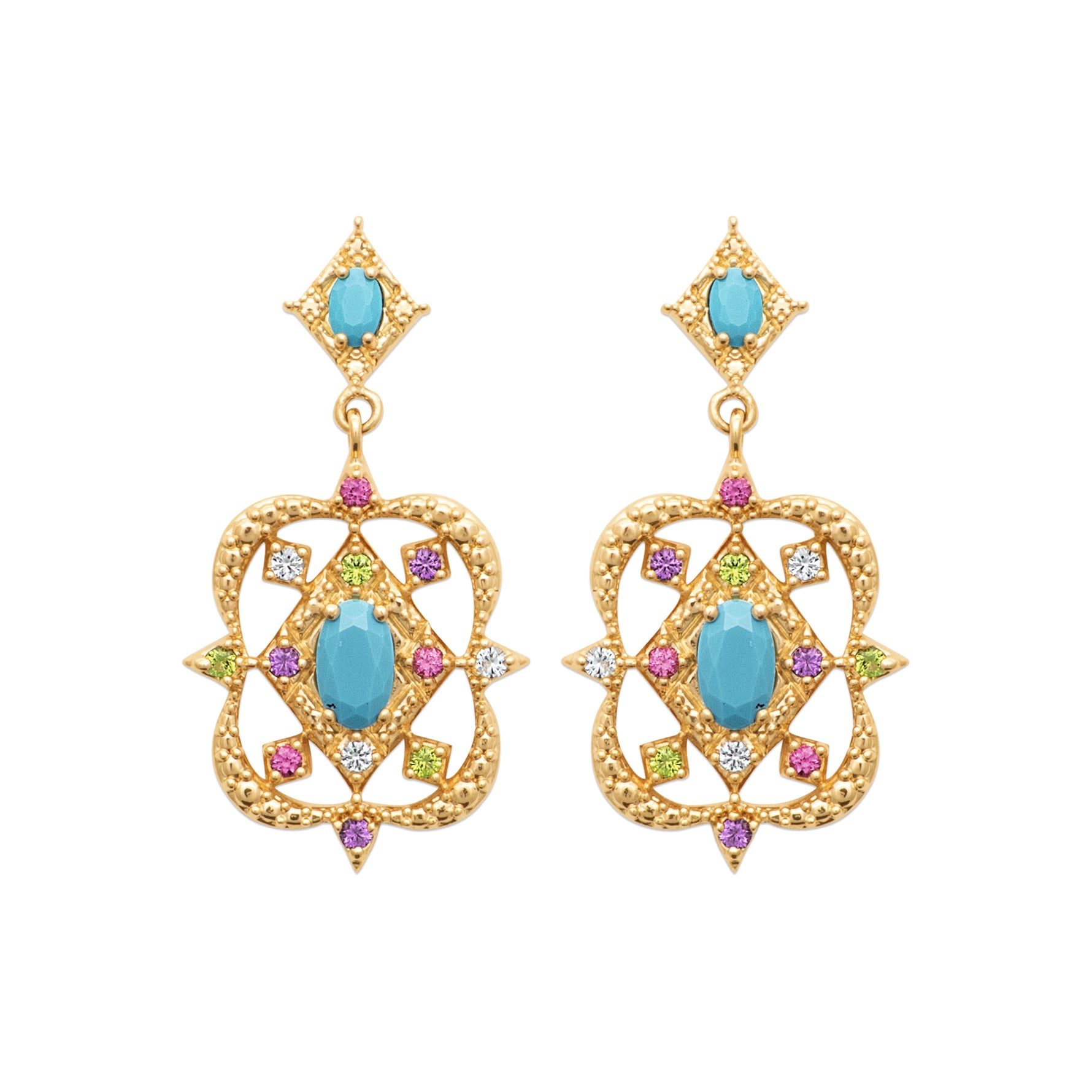 Desert Bloom Earrings in 18K Gold Plating Featuring Turquoise-Coloured Oval Centre Stones with Multicolour Cubic Zirconia in an Intricate Openwork Drop Design | Burren Jewellery