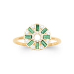 Lucky Lady Ring in 18K Gold Plating Featuring Emerald-Coloured Baguette Cubic Zirconia and Clear Round Cubic Zirconia in an Art Deco Sunburst Design | Burren Jewellery
