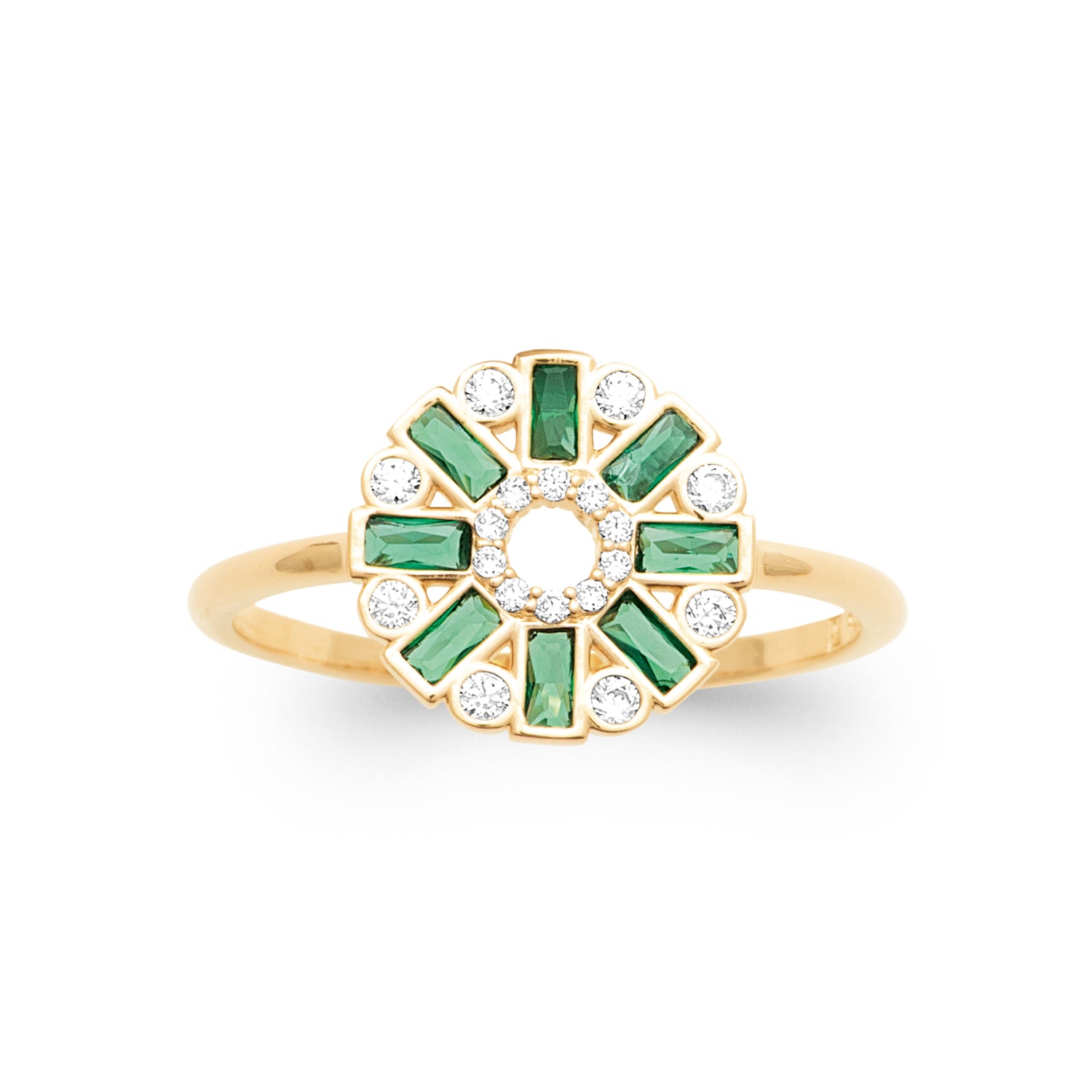 Lucky Lady Ring in 18K Gold Plating Featuring Emerald-Coloured Baguette Cubic Zirconia and Clear Round Cubic Zirconia in an Art Deco Sunburst Design | Burren Jewellery