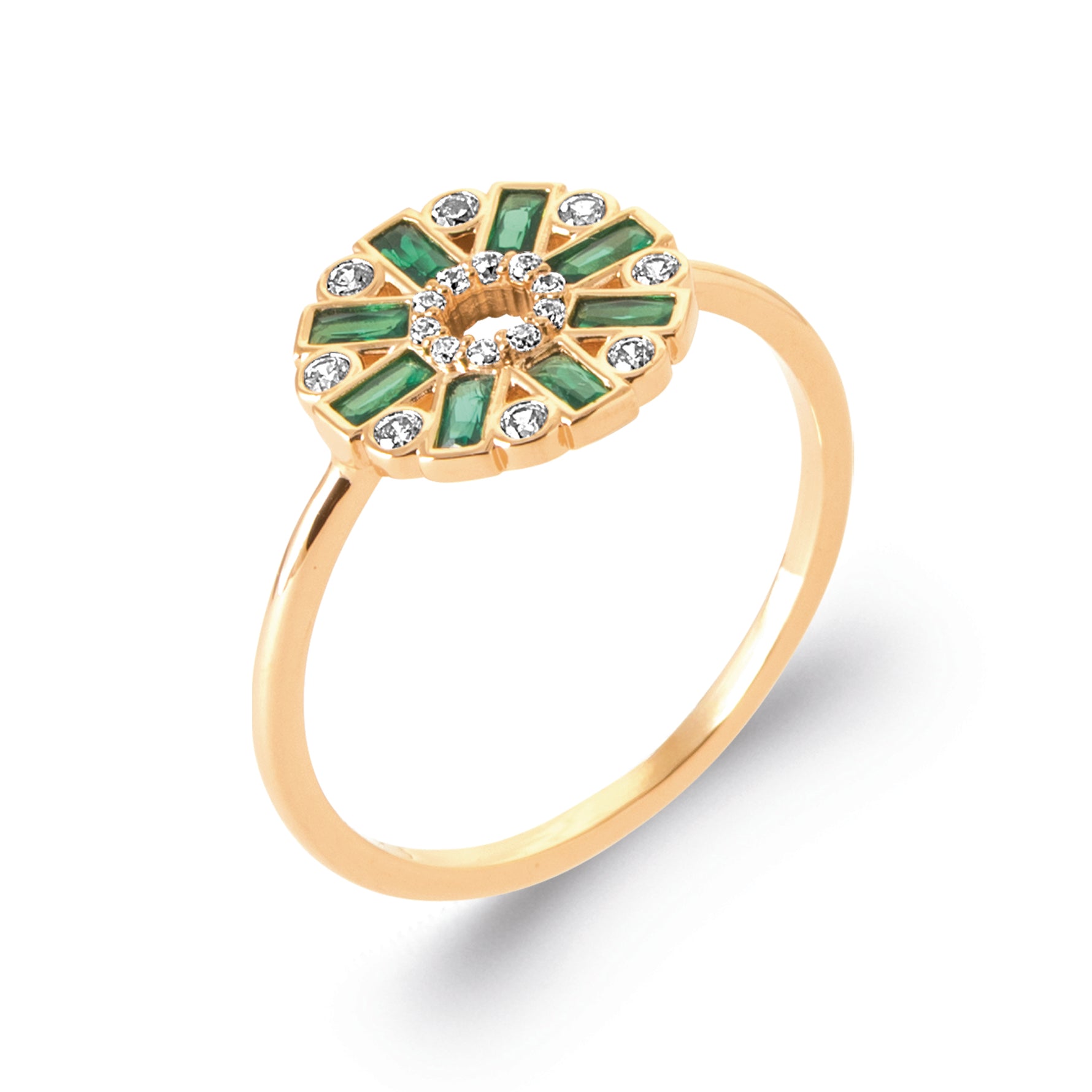 Side Shot Lucky Lady Ring in 18K Gold Plating Featuring Emerald-Coloured Baguette Cubic Zirconia and Clear Round Cubic Zirconia in an Art Deco Sunburst Design | Burren Jewellery
