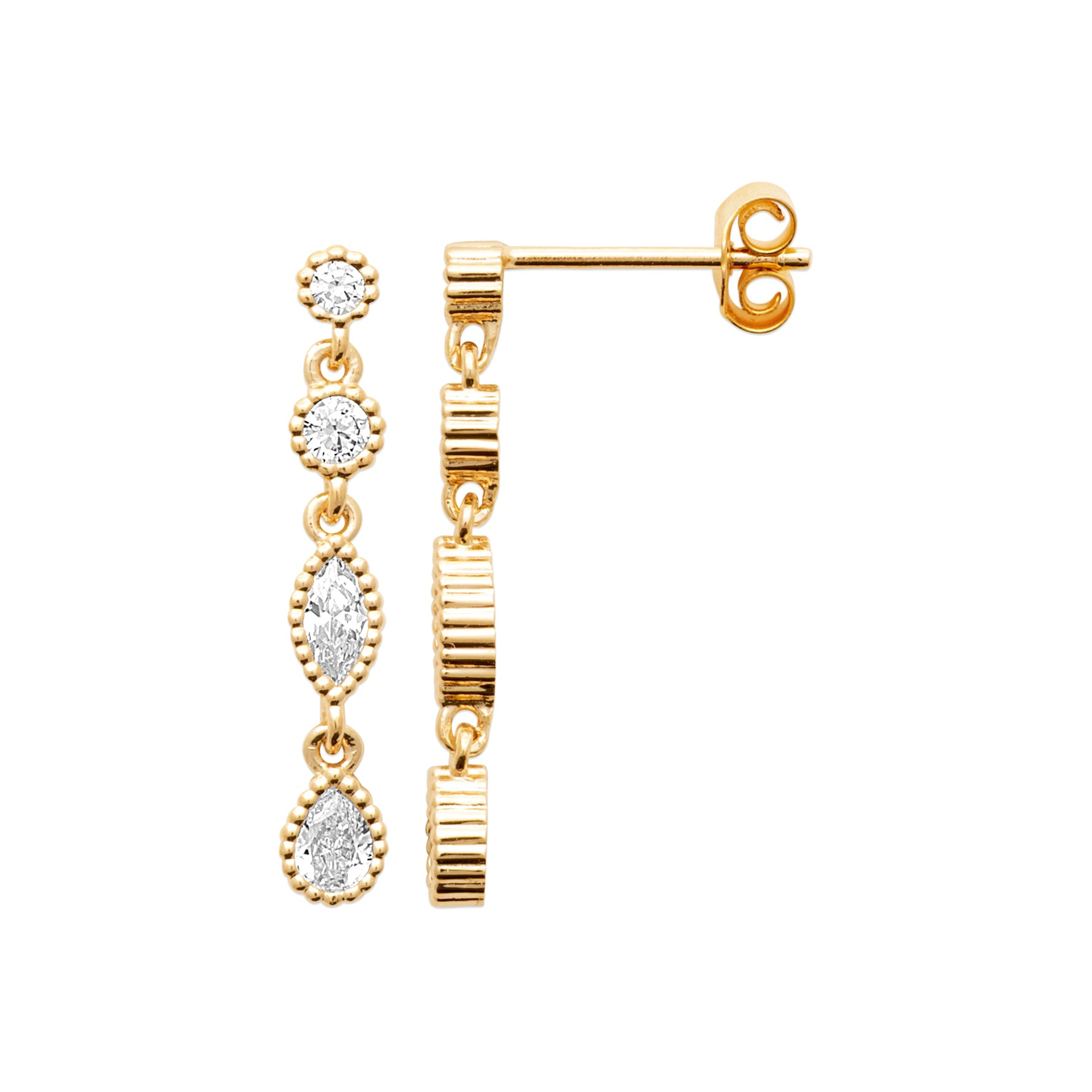 Classic Cutness Earrings in 18K Gold Plating Featuring Round, Marquise and Pear Cut Cubic Zirconia Drop Earrings | Burren Jewellery