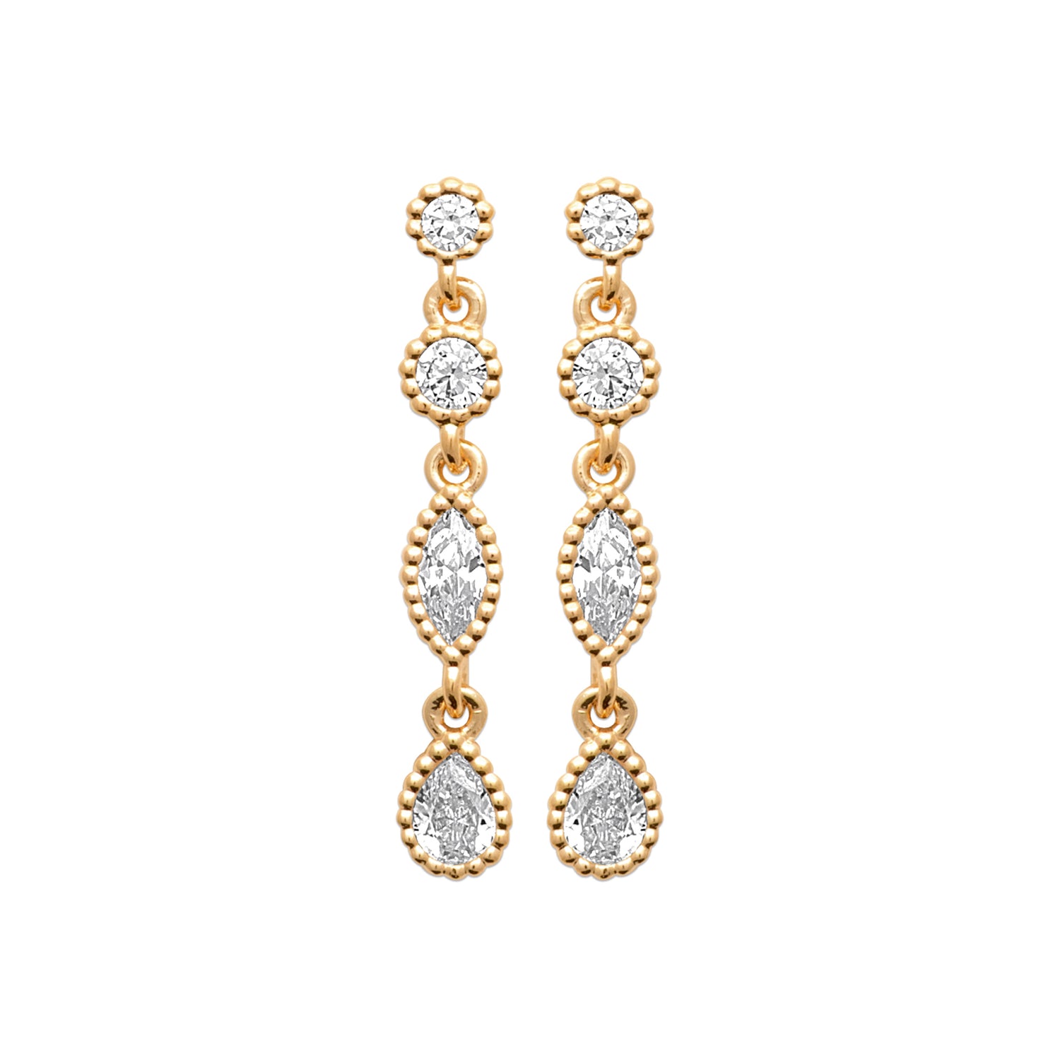 Classic Cutness Earrings in 18K Gold Plating Featuring Round, Marquise and Pear Cut Cubic Zirconia Drop Earrings | Burren Jewellery