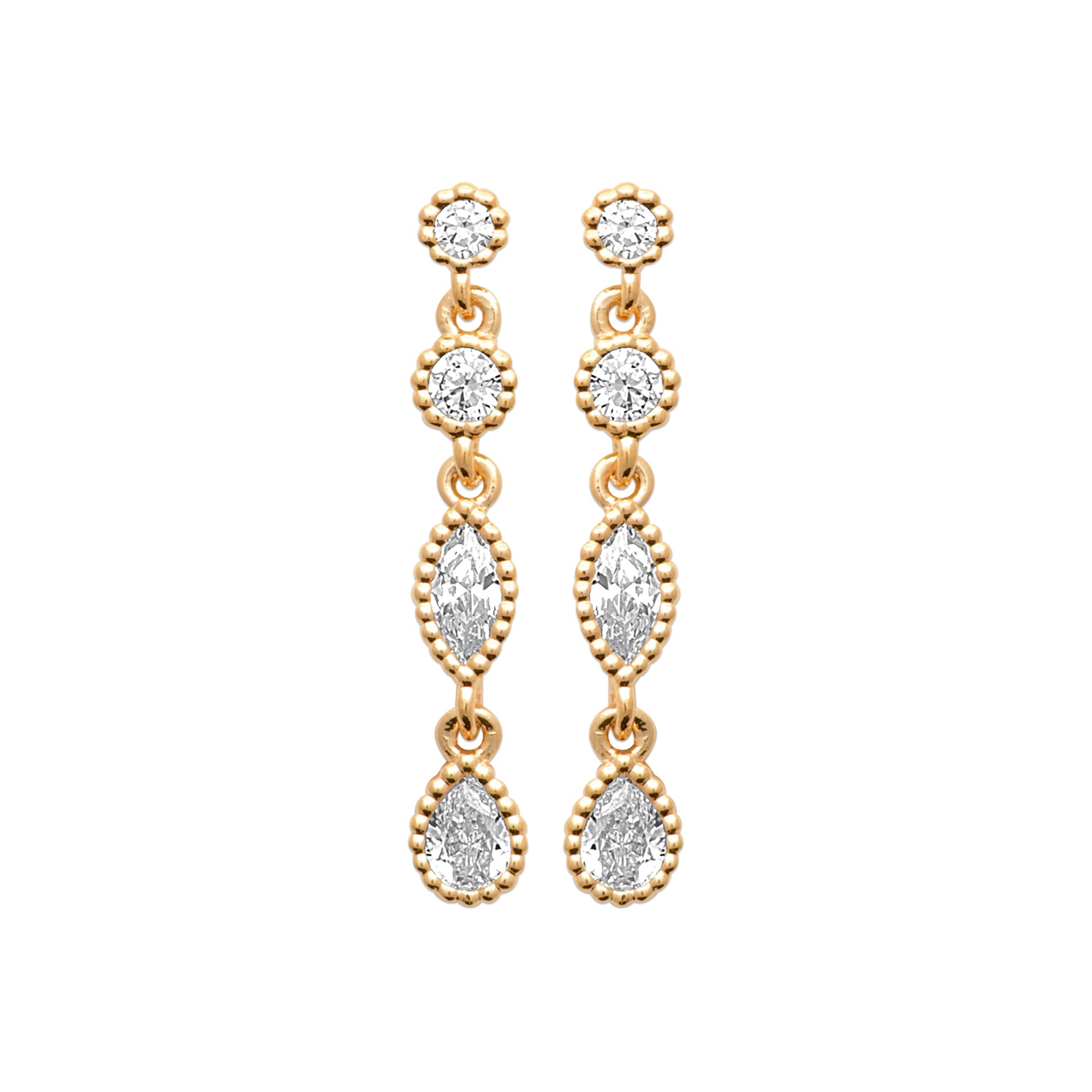 Classic Cutness Earrings in 18K Gold Plating Featuring Round, Marquise and Pear Cut Cubic Zirconia Drop Earrings | Burren Jewellery