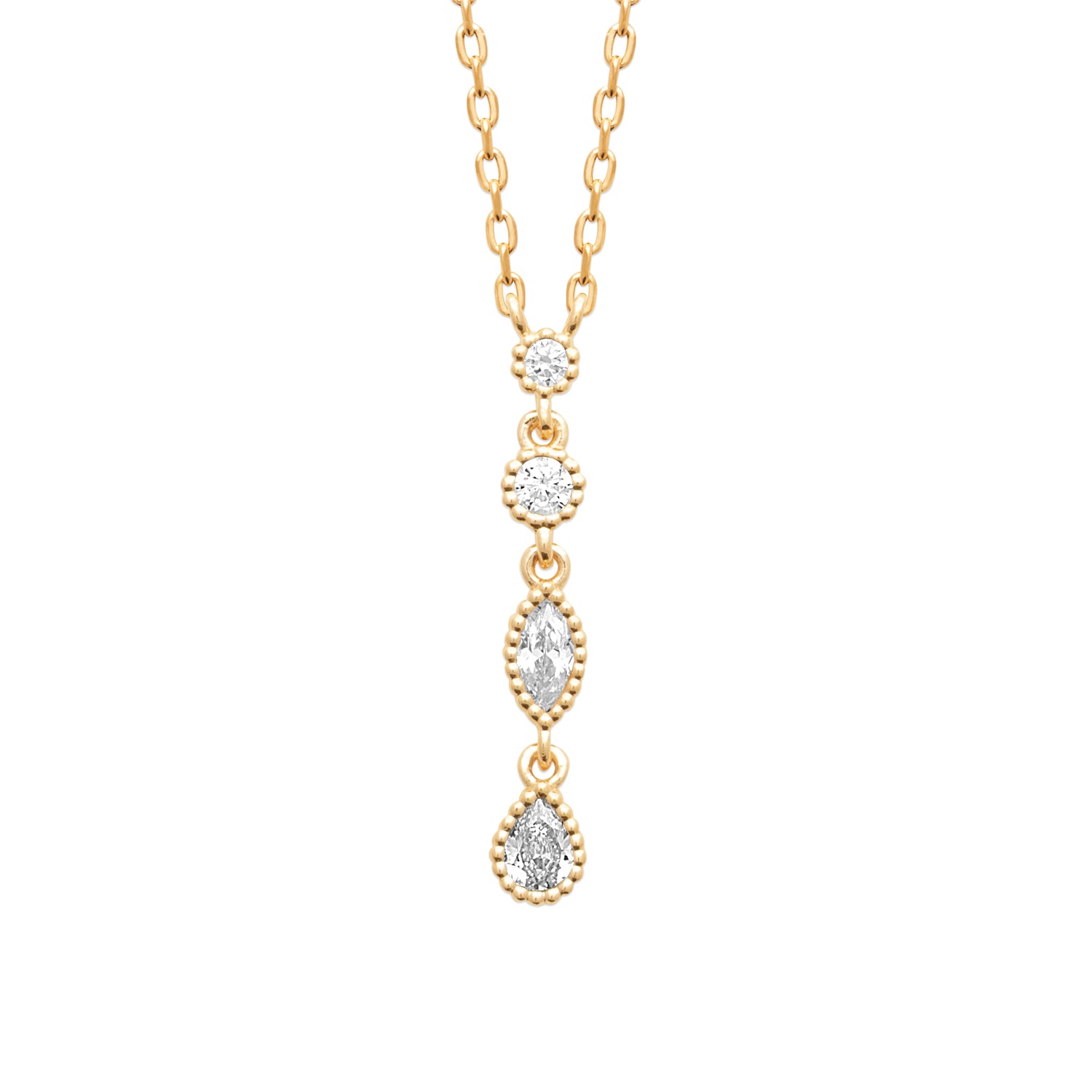 Classic Cuteness Necklace in 18K Gold Plating with Round, Marquise and Pear Cut Cubic Zirconia Drop Pendant | Burren Jewellery