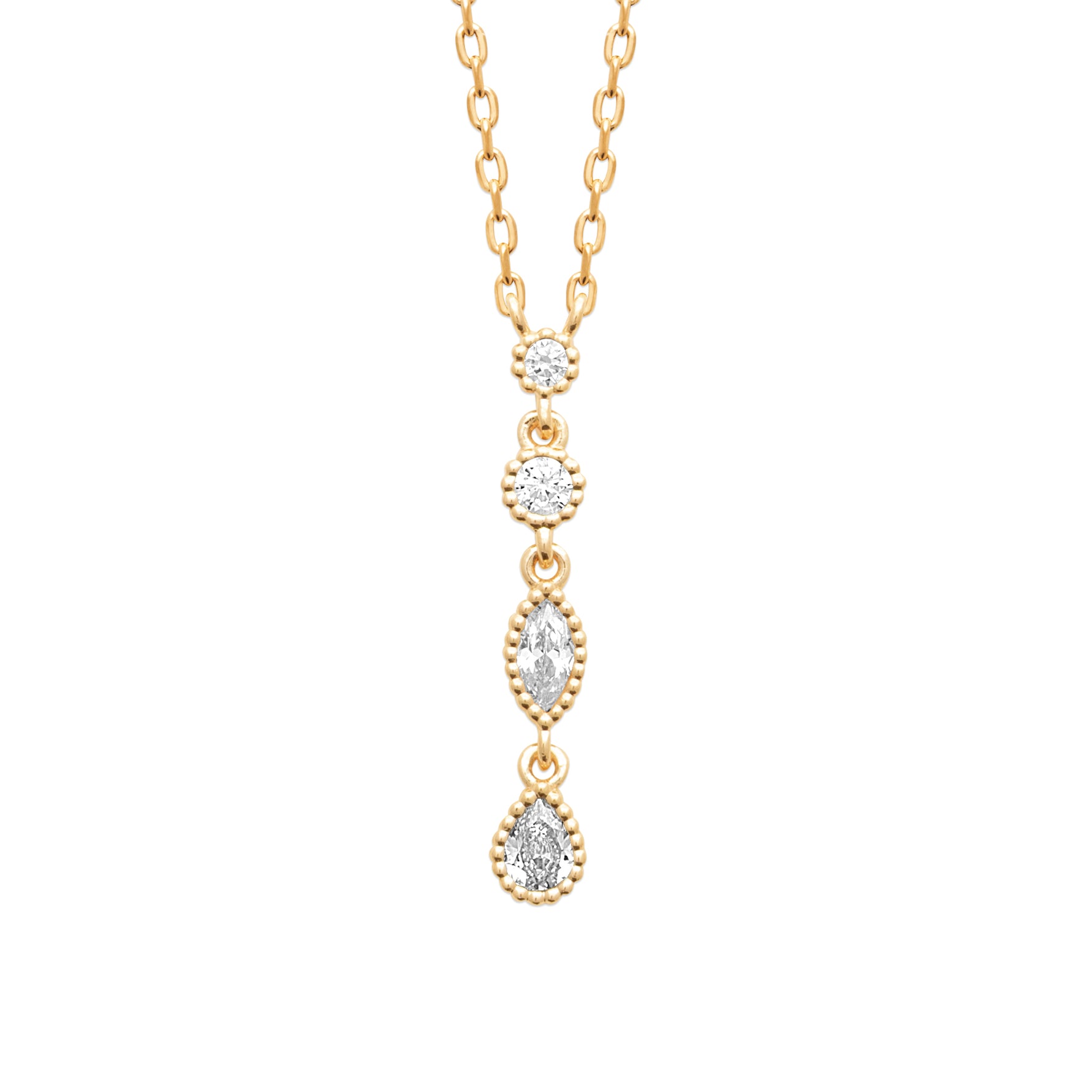 Classic Cuteness Necklace in 18K Gold Plating with Round, Marquise and Pear Cut Cubic Zirconia Drop Pendant | Burren Jewellery