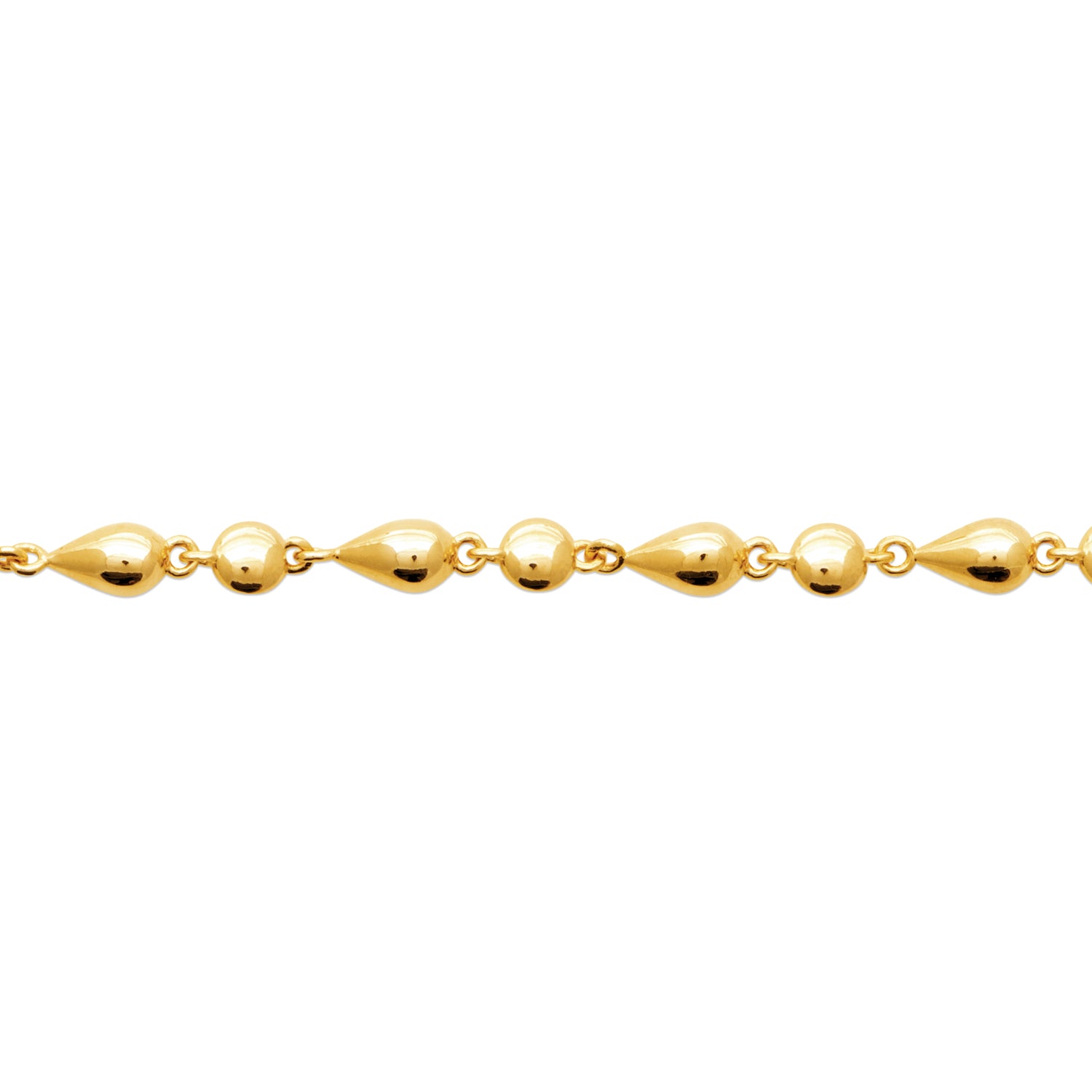 A close-up of Pink Lady Bracelet in 18K Gold Plating Featuring Alternating Polished Round and Teardrop Beads with an Adjustable Chain | Burren Jewellery