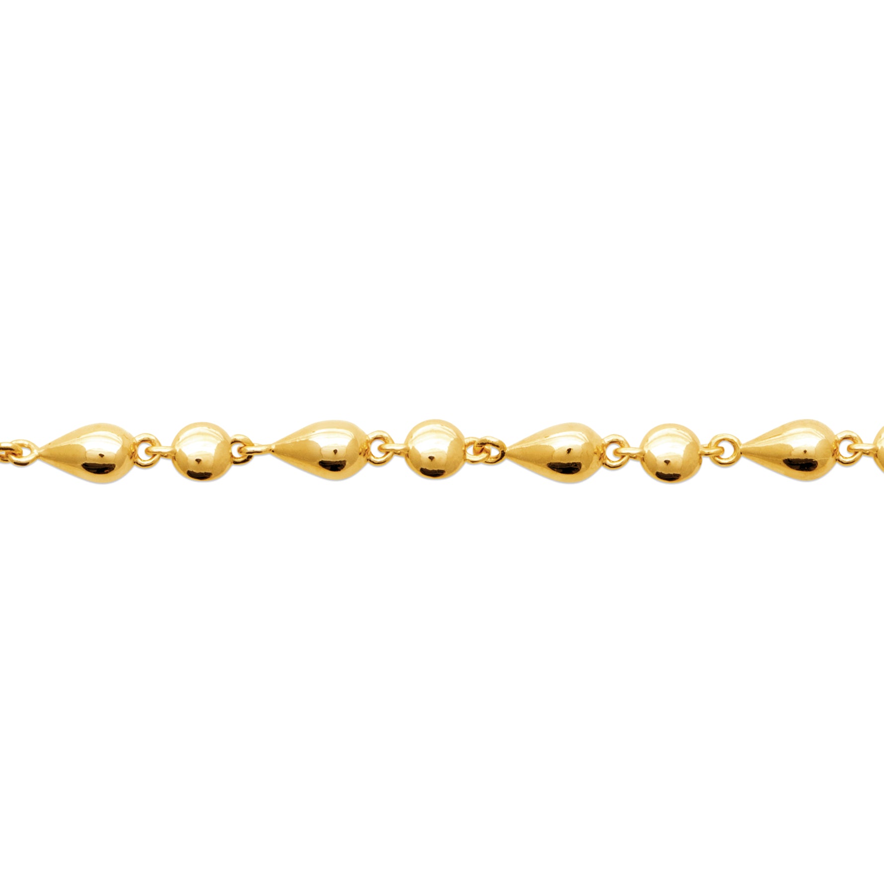 A close-up of Pink Lady Bracelet in 18K Gold Plating Featuring Alternating Polished Round and Teardrop Beads with an Adjustable Chain | Burren Jewellery