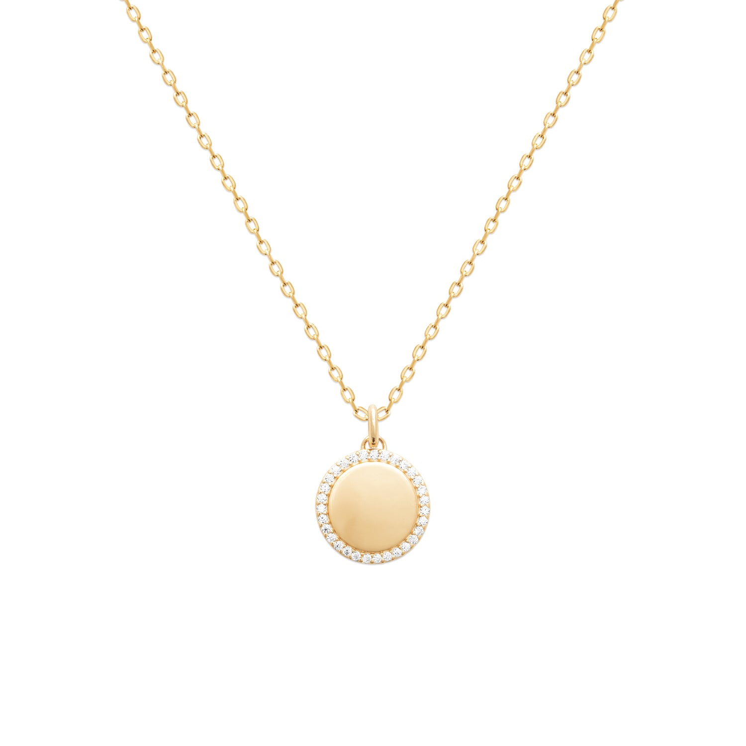 Glamorous Goddess Necklace in 18K Gold Plating with Engravable Circular Disc Pendant Surrounded by Cubic Zirconia | Burren Jewellery