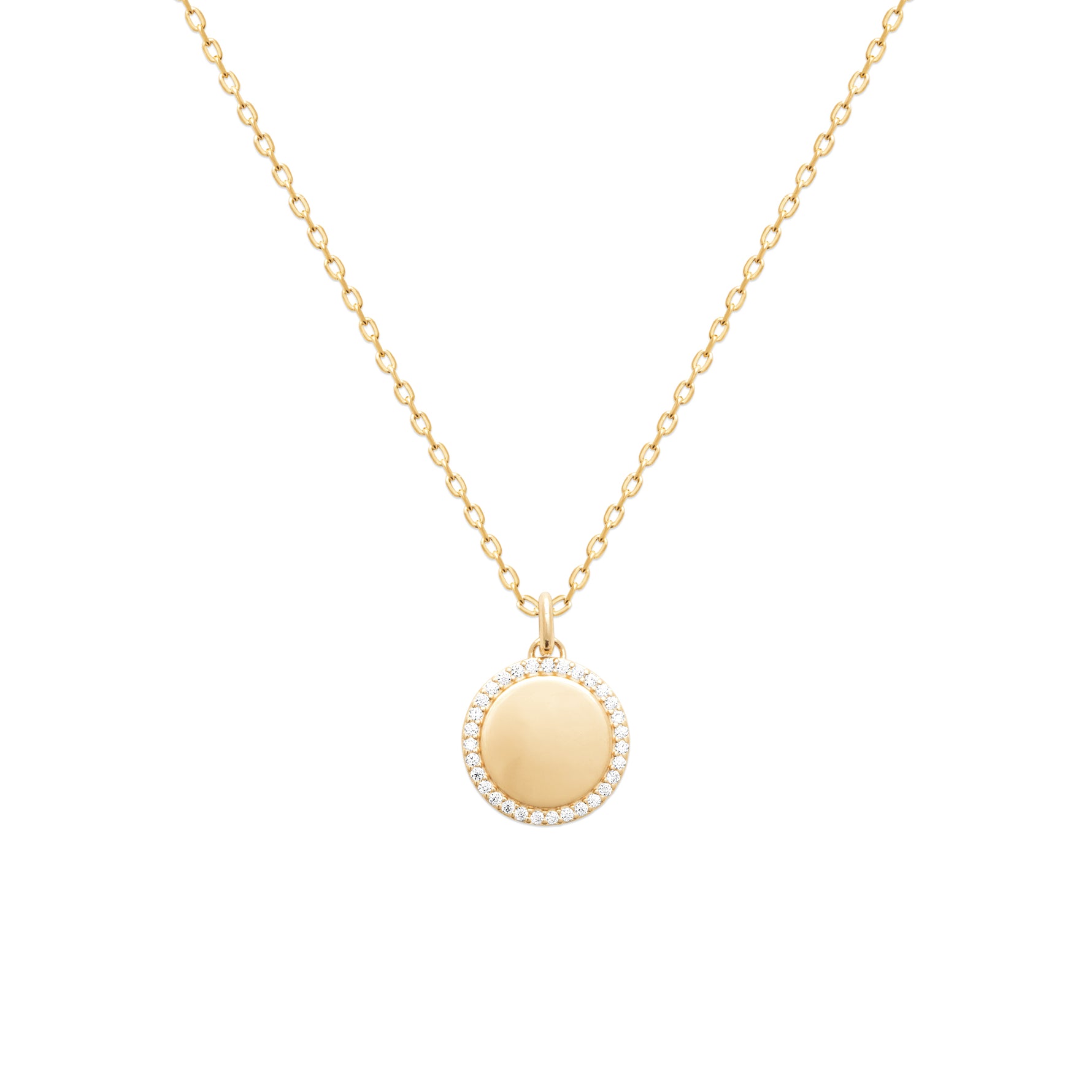 Glamorous Goddess Necklace in 18K Gold Plating with Engravable Circular Disc Pendant Surrounded by Cubic Zirconia | Burren Jewellery