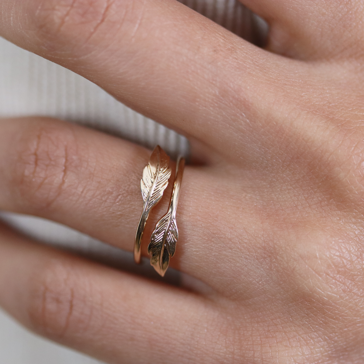 Burren jewellery 18k gold plate feather fashion ring boho style model detail