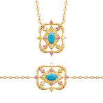 Desert Bloom Necklace in 18K Gold Plating Featuring a Turquoise-Coloured Oval Centre Stone with Multicolour Cubic Zirconia in an Intricate Openwork Pendant Design | Burren Jewellery