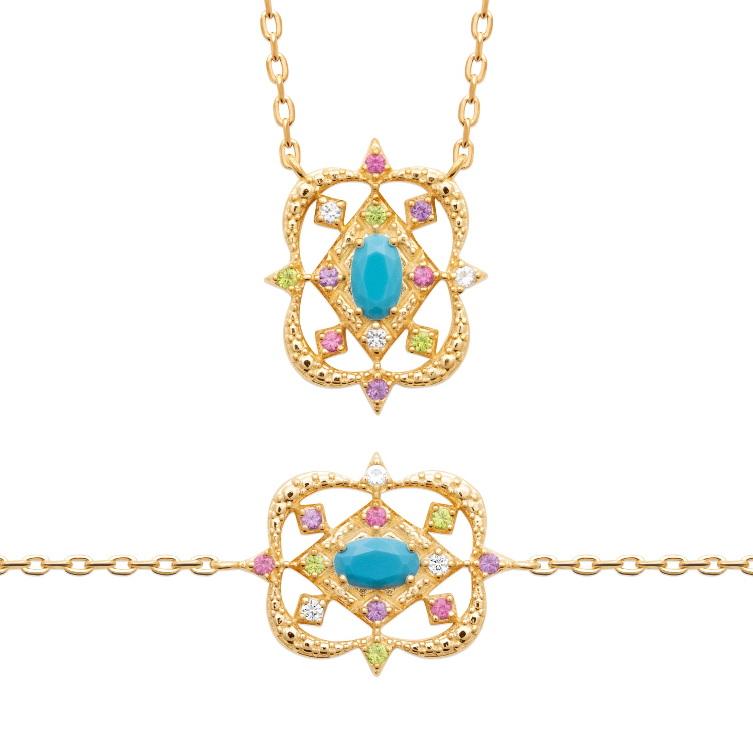 Desert Bloom Necklace in 18K Gold Plating Featuring a Turquoise-Coloured Oval Centre Stone with Multicolour Cubic Zirconia in an Intricate Openwork Pendant Design | Burren Jewellery