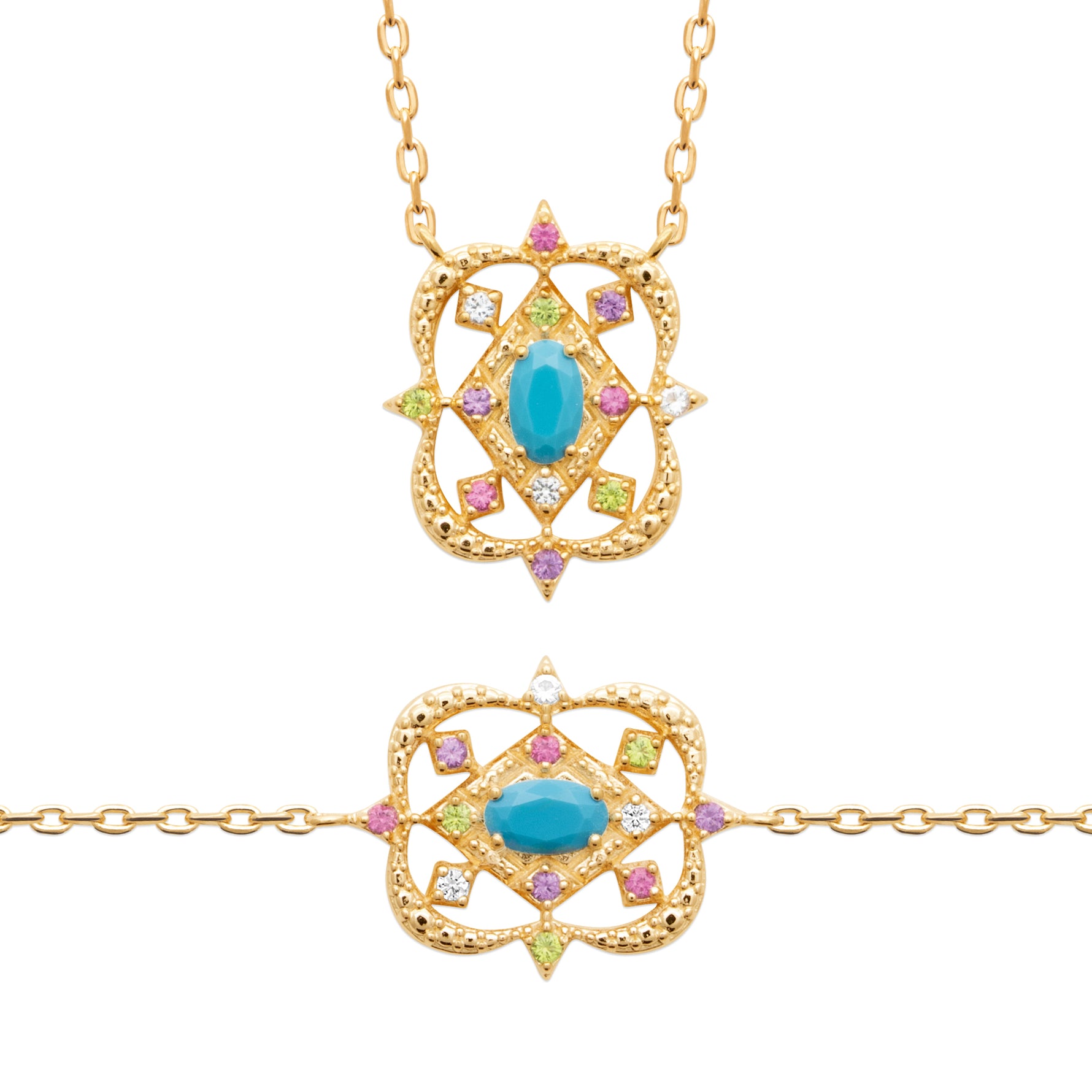 Desert Bloom Necklace in 18K Gold Plating Featuring a Turquoise-Coloured Oval Centre Stone with Multicolour Cubic Zirconia in an Intricate Openwork Pendant Design | Burren Jewellery