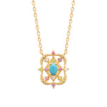 Desert Bloom Necklace in 18K Gold Plating Featuring a Turquoise-Coloured Oval Centre Stone with Multicolour Cubic Zirconia in an Intricate Openwork Pendant Design | Burren Jewellery
