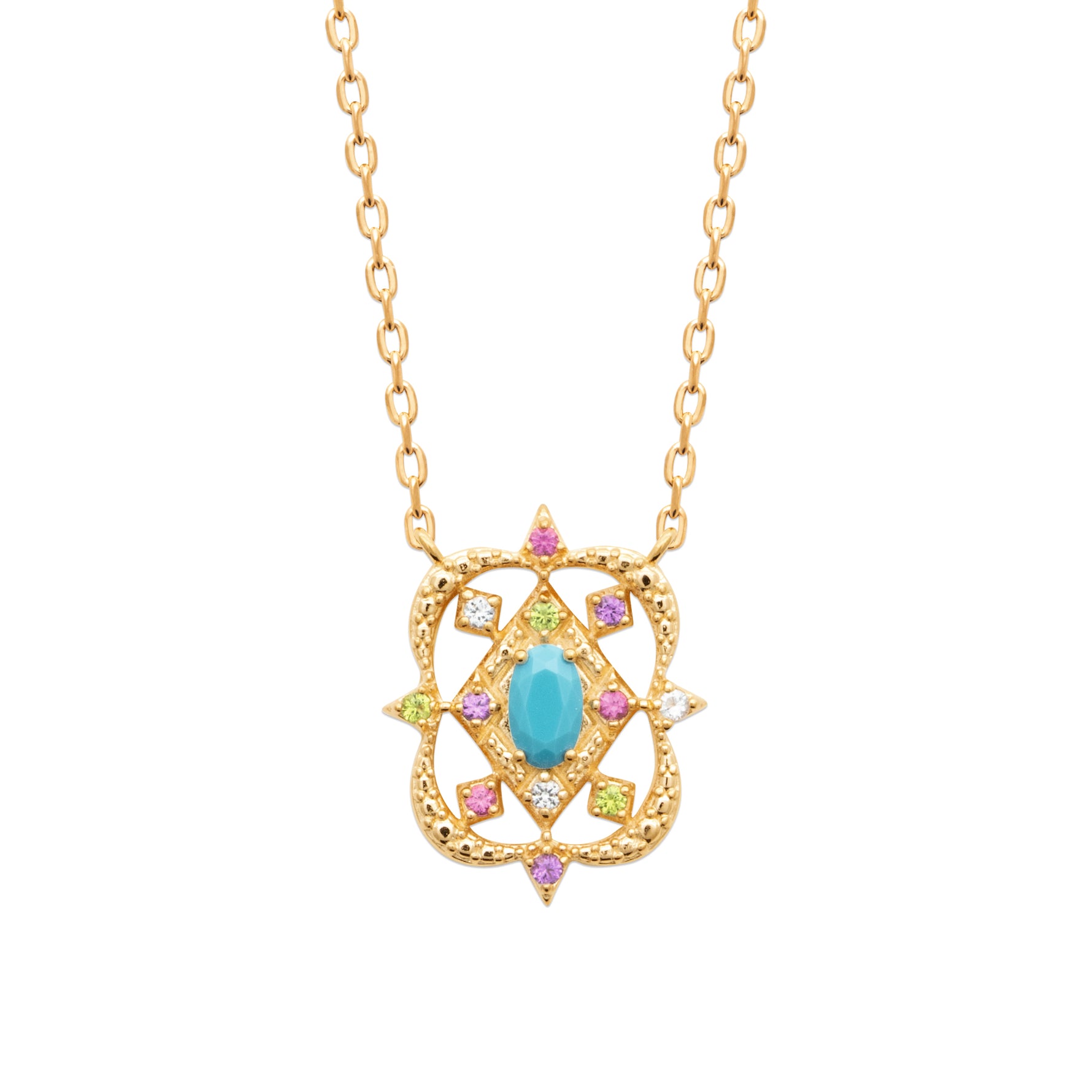 Desert Bloom Necklace in 18K Gold Plating Featuring a Turquoise-Coloured Oval Centre Stone with Multicolour Cubic Zirconia in an Intricate Openwork Pendant Design | Burren Jewellery